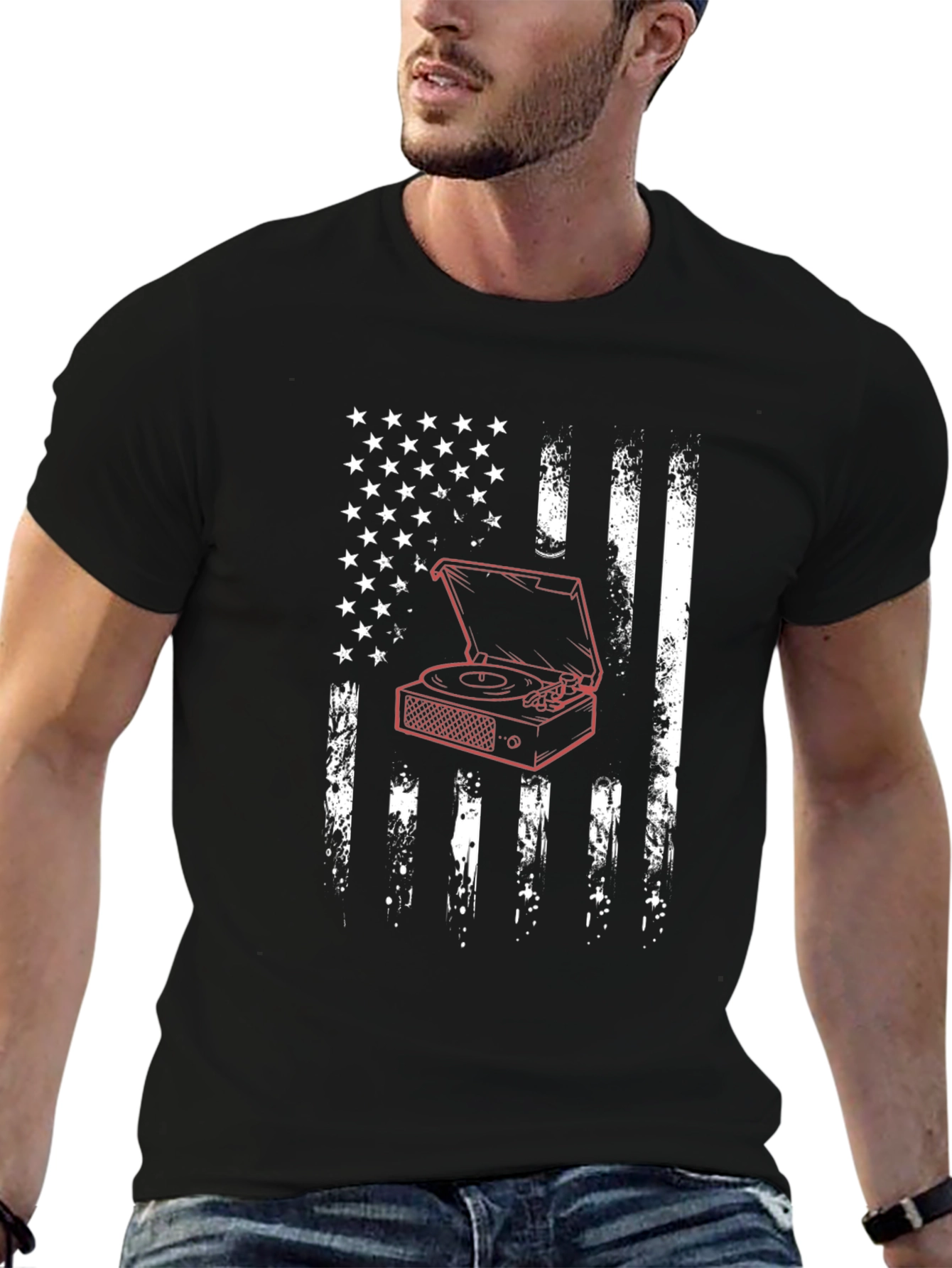 USA Flag Turntable Graphic Tee - Black Cotton