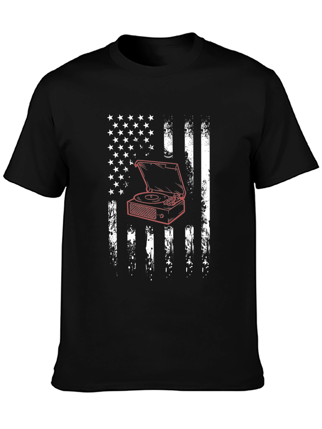 USA Flag Turntable Graphic Tee - Black Cotton