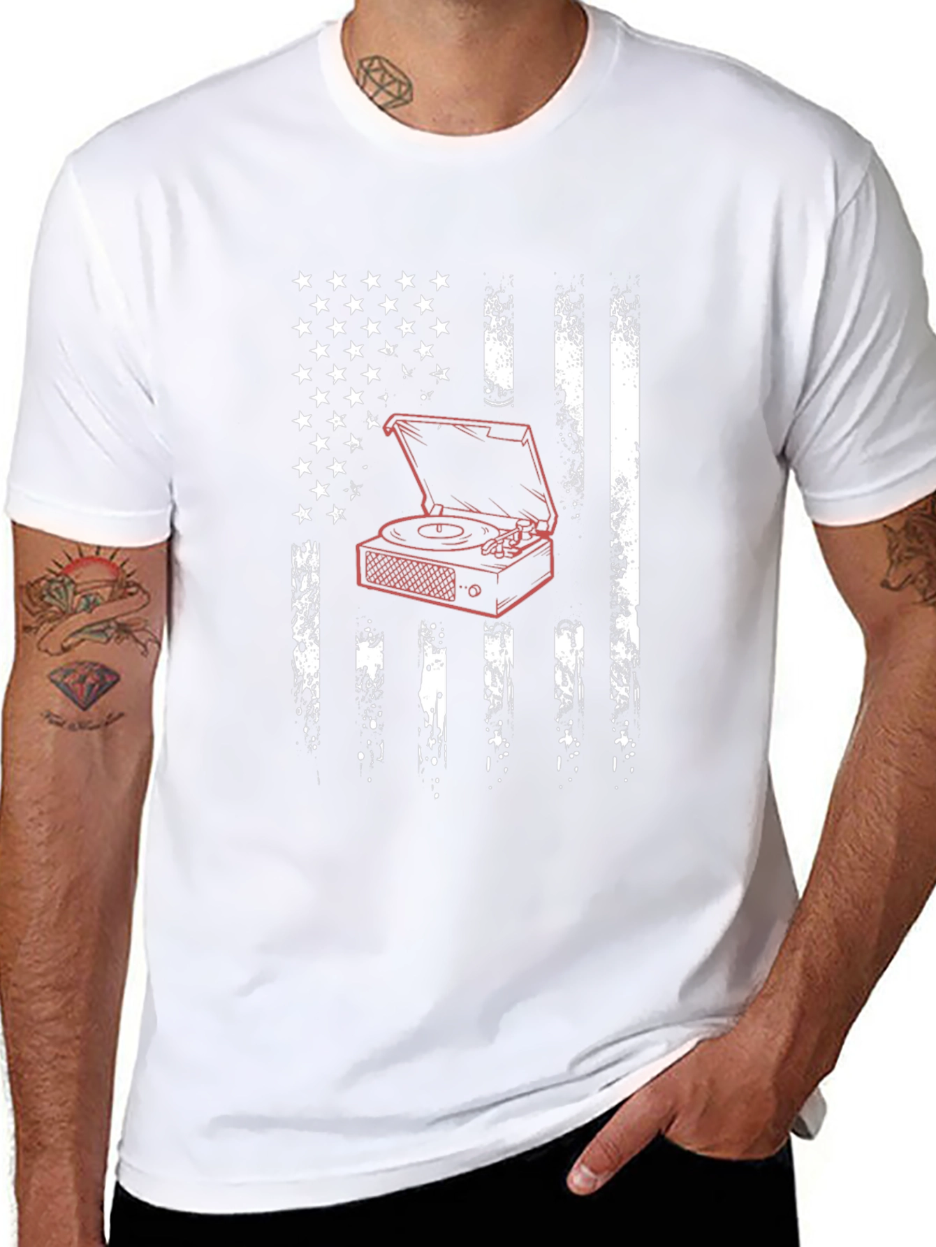 USA Flag Turntable Graphic Tee - Black Cotton