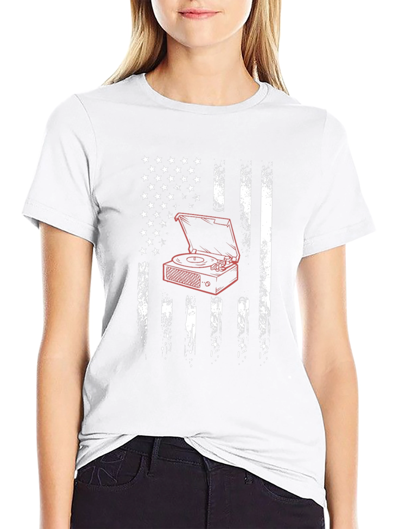 USA Flag Turntable Graphic Tee - Black Cotton