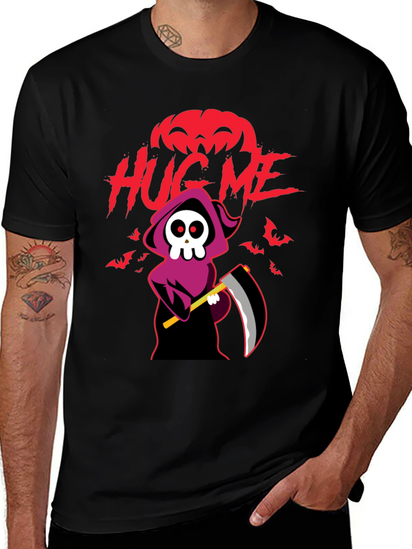 Halloween Grim Reaper Hug Me Black Graphic T-Shirt