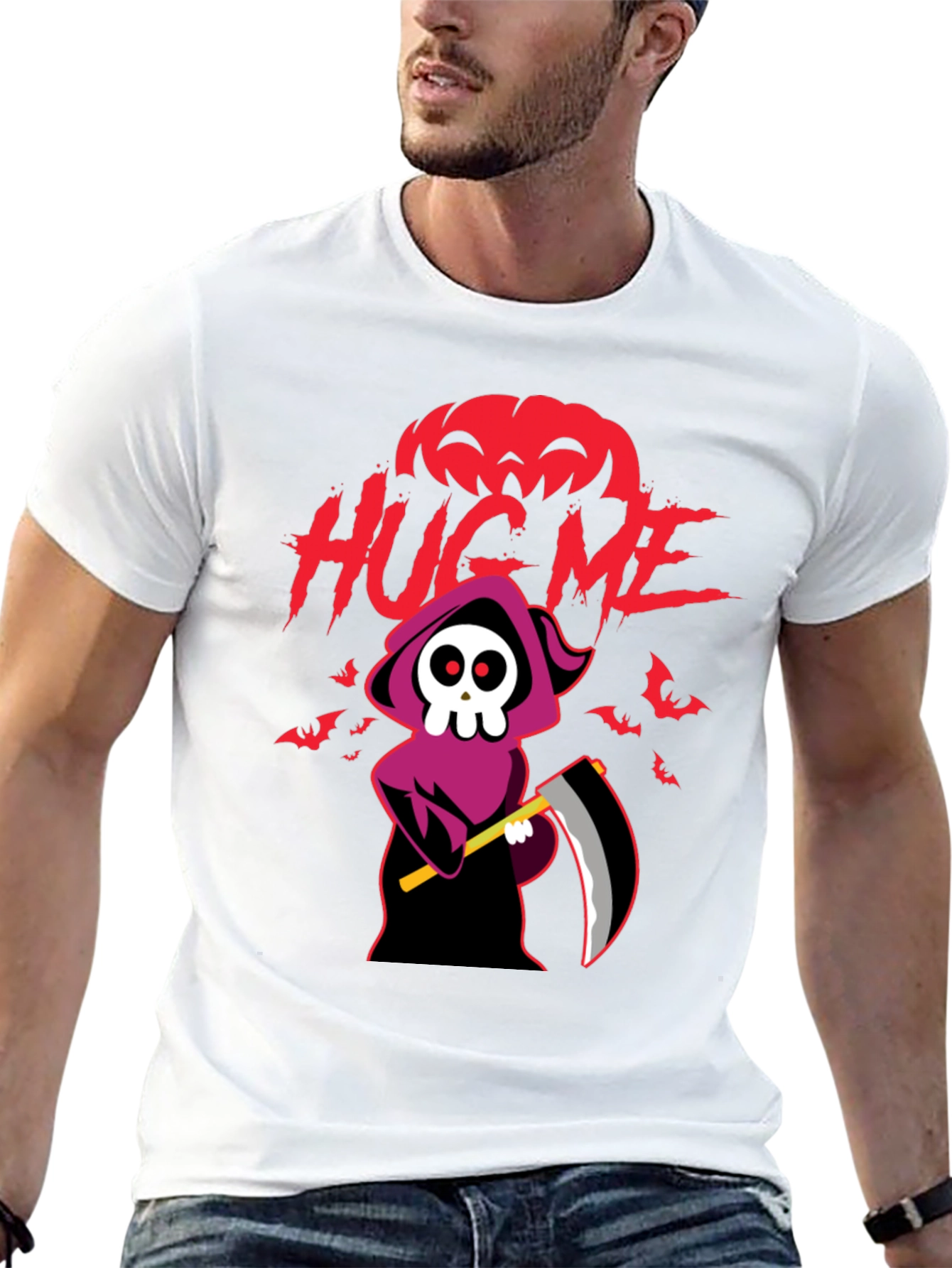 Halloween Grim Reaper Hug Me Black Graphic T-Shirt