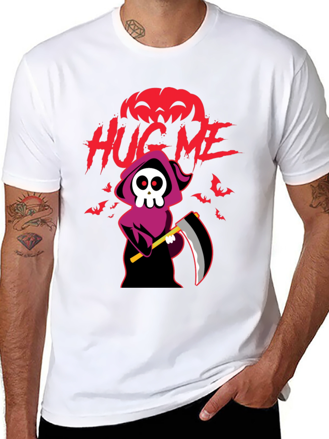 Halloween Grim Reaper Hug Me Black Graphic T-Shirt