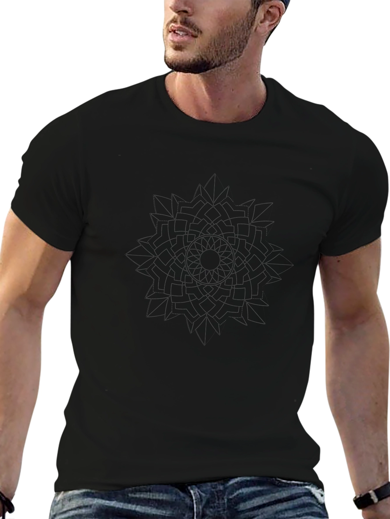 Black T-Shirt with Geometric Mandala Design