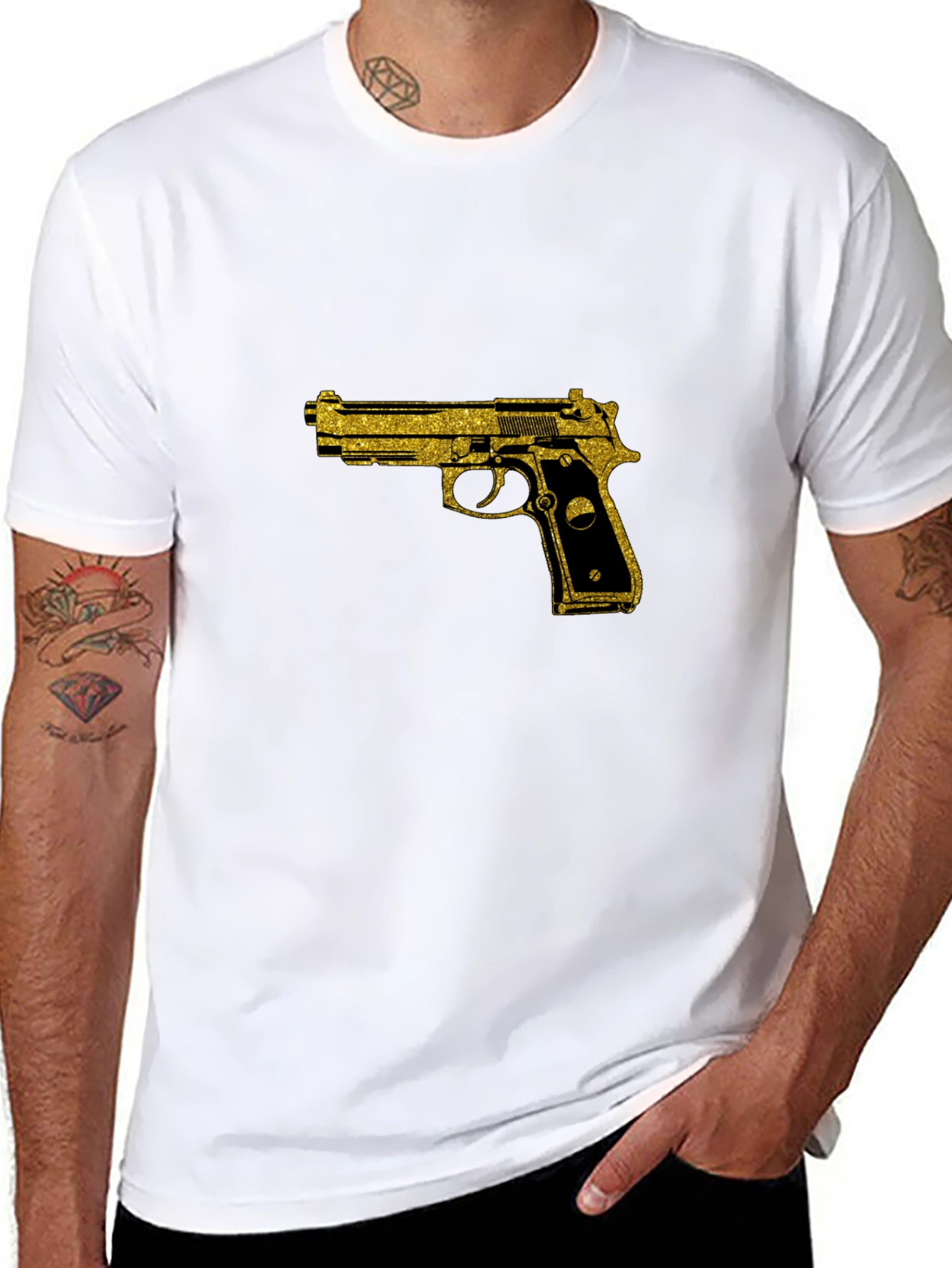 Black T-Shirt with Gold Gun Graphic