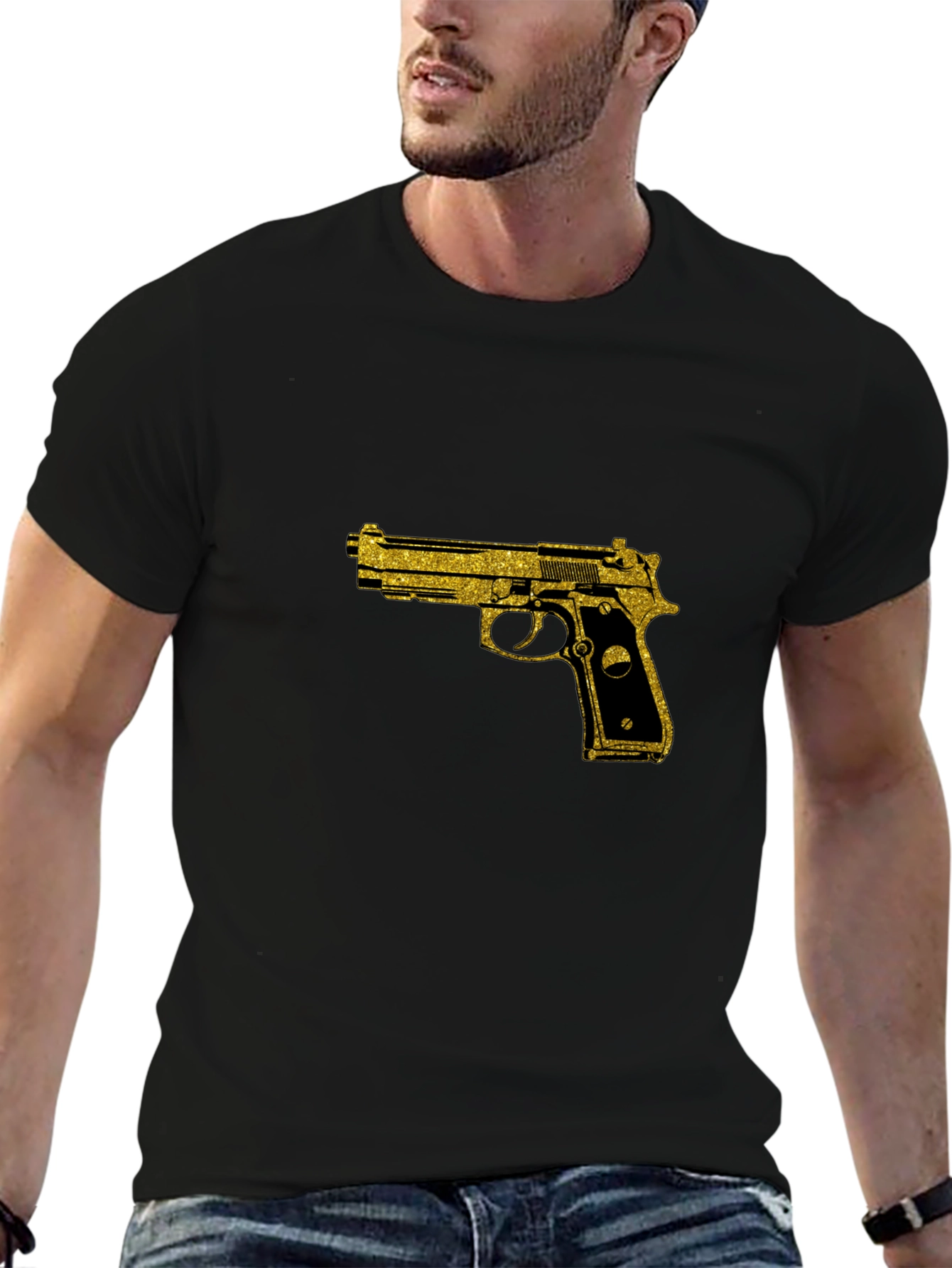 Black T-Shirt with Gold Gun Graphic