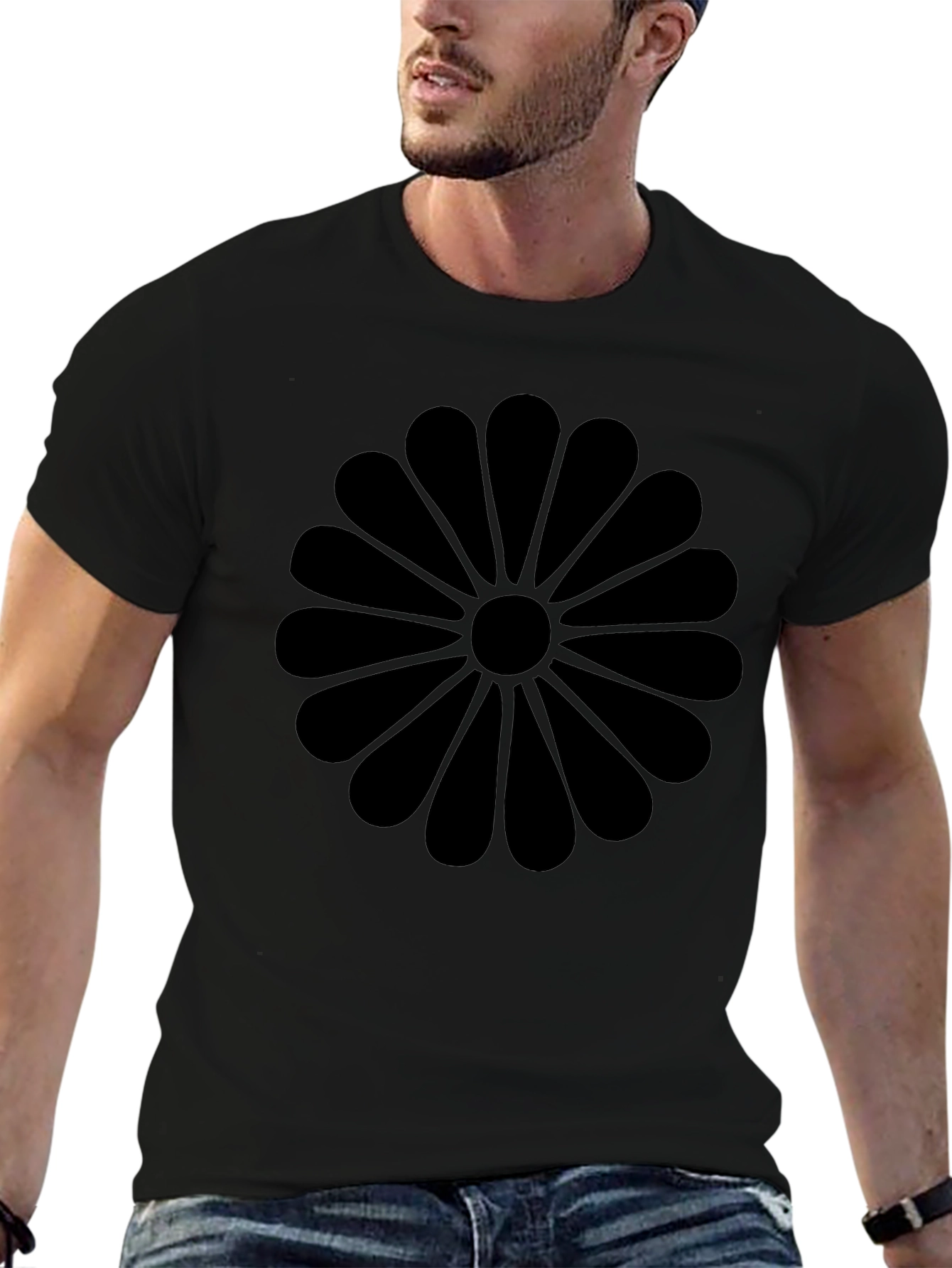 Black Chrysanthemum Graphic Tee - Casual Comfort