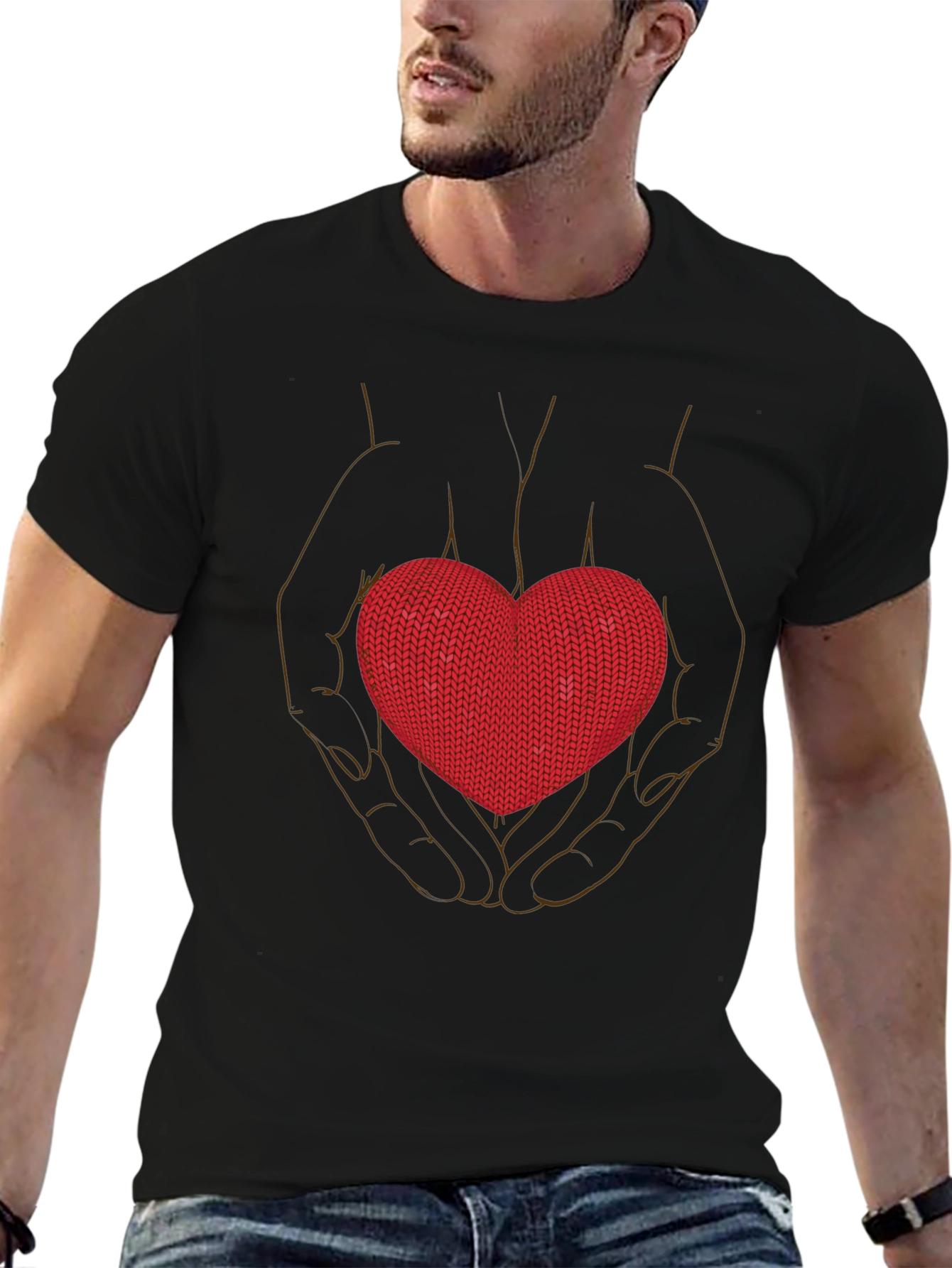 Heart in Hands Graphic Tee - Black Crew Neck