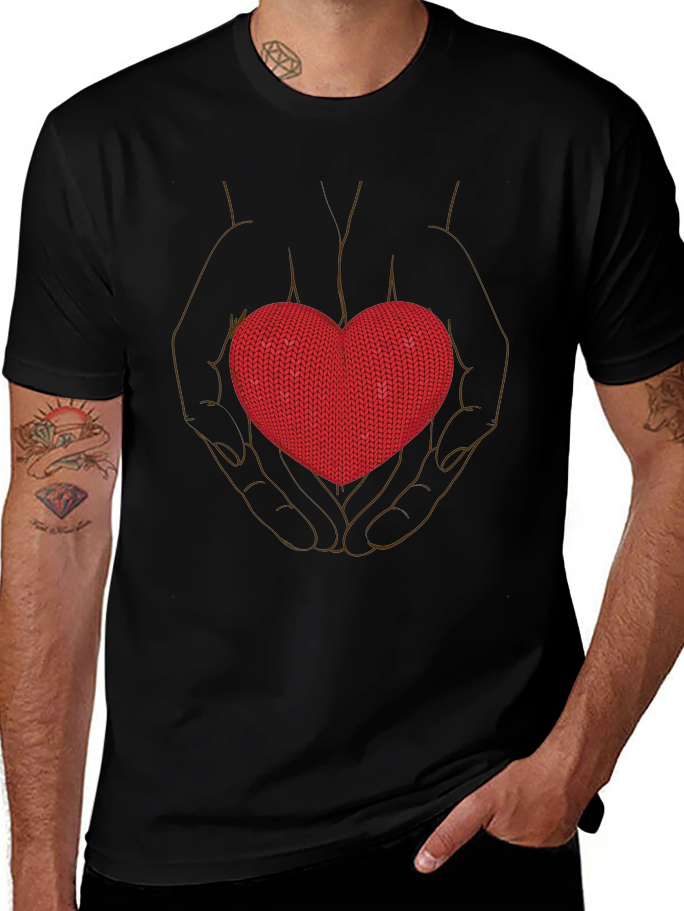 Heart in Hands Graphic Tee - Black Crew Neck