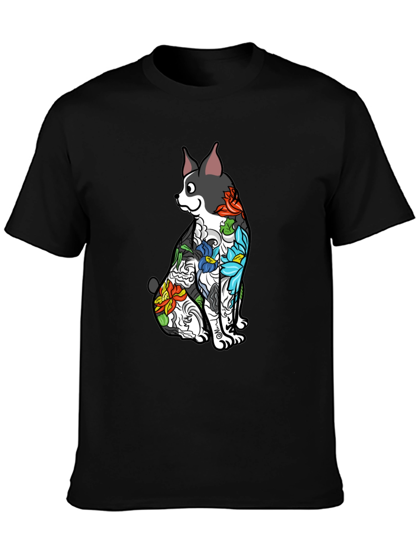 Dog Floral Tattoo Print Black T-Shirt