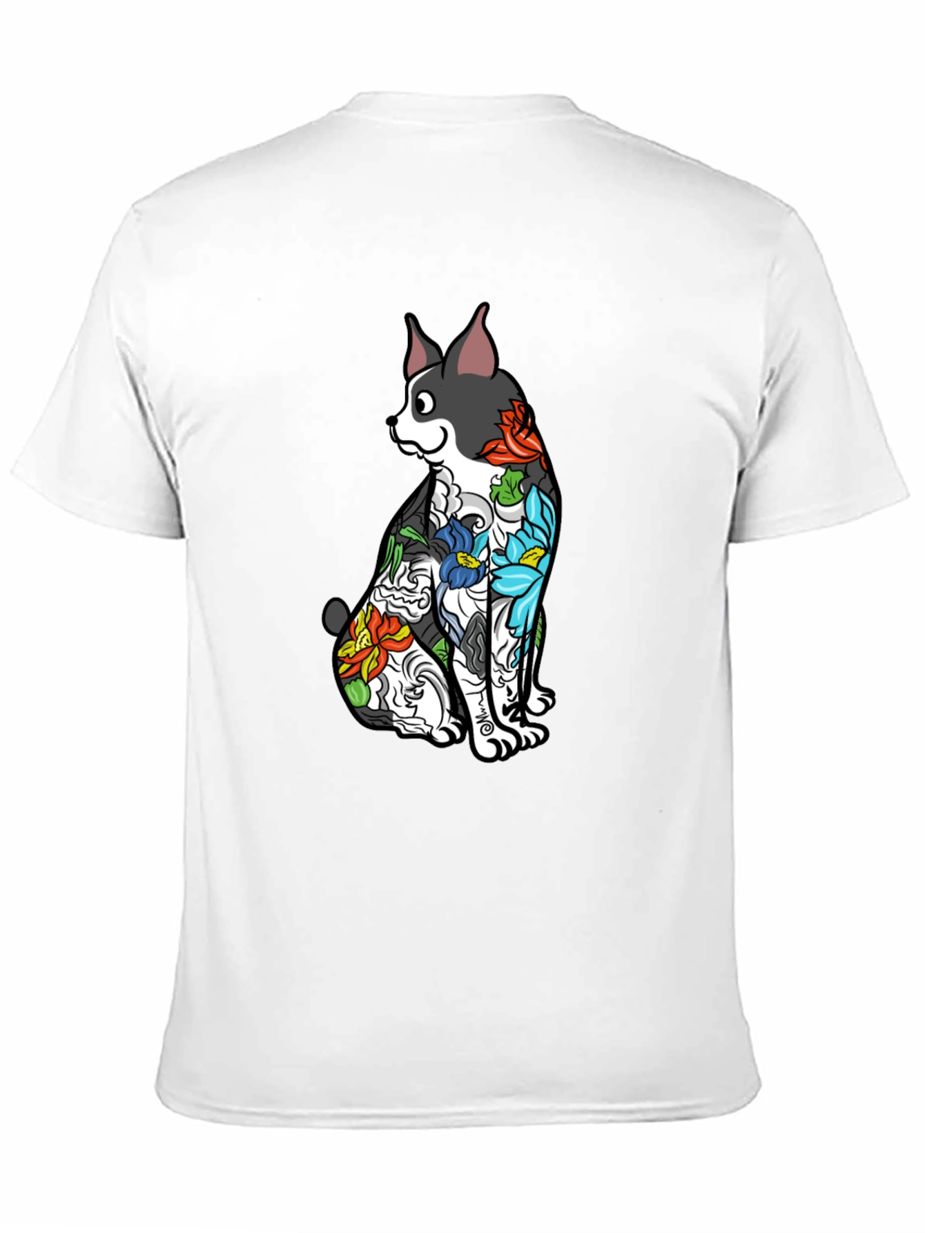 Dog Floral Tattoo Print Black T-Shirt