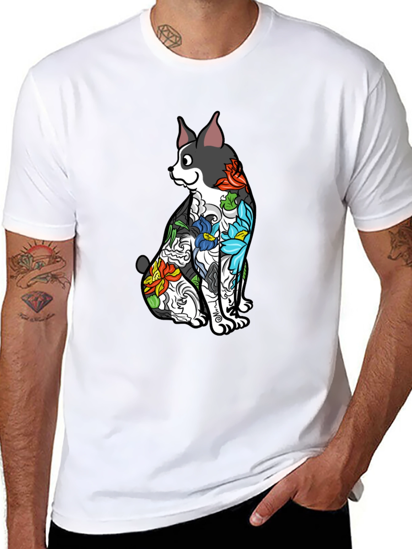 Dog Floral Tattoo Print Black T-Shirt