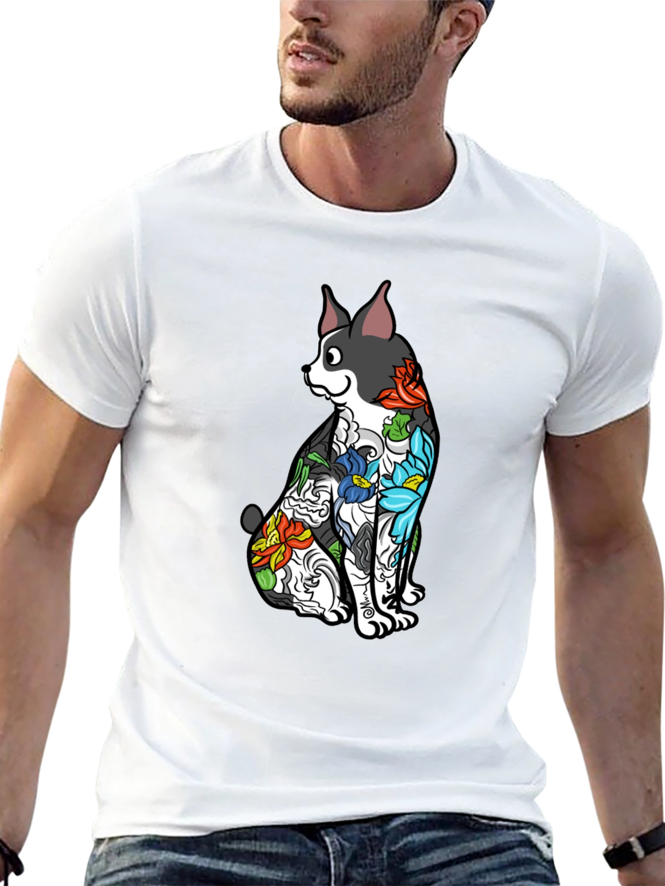 Dog Floral Tattoo Print Black T-Shirt