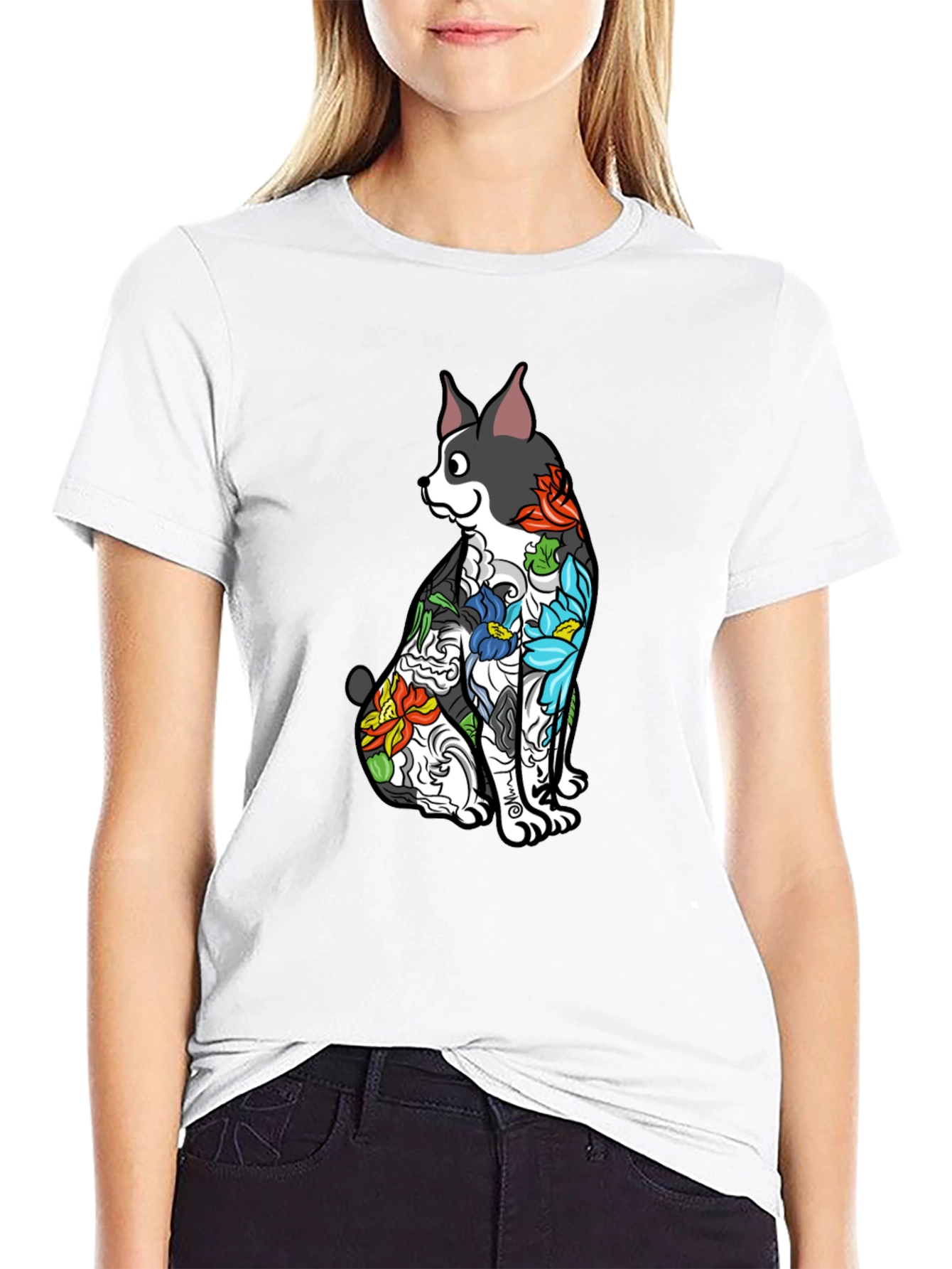 Dog Floral Tattoo Print Black T-Shirt