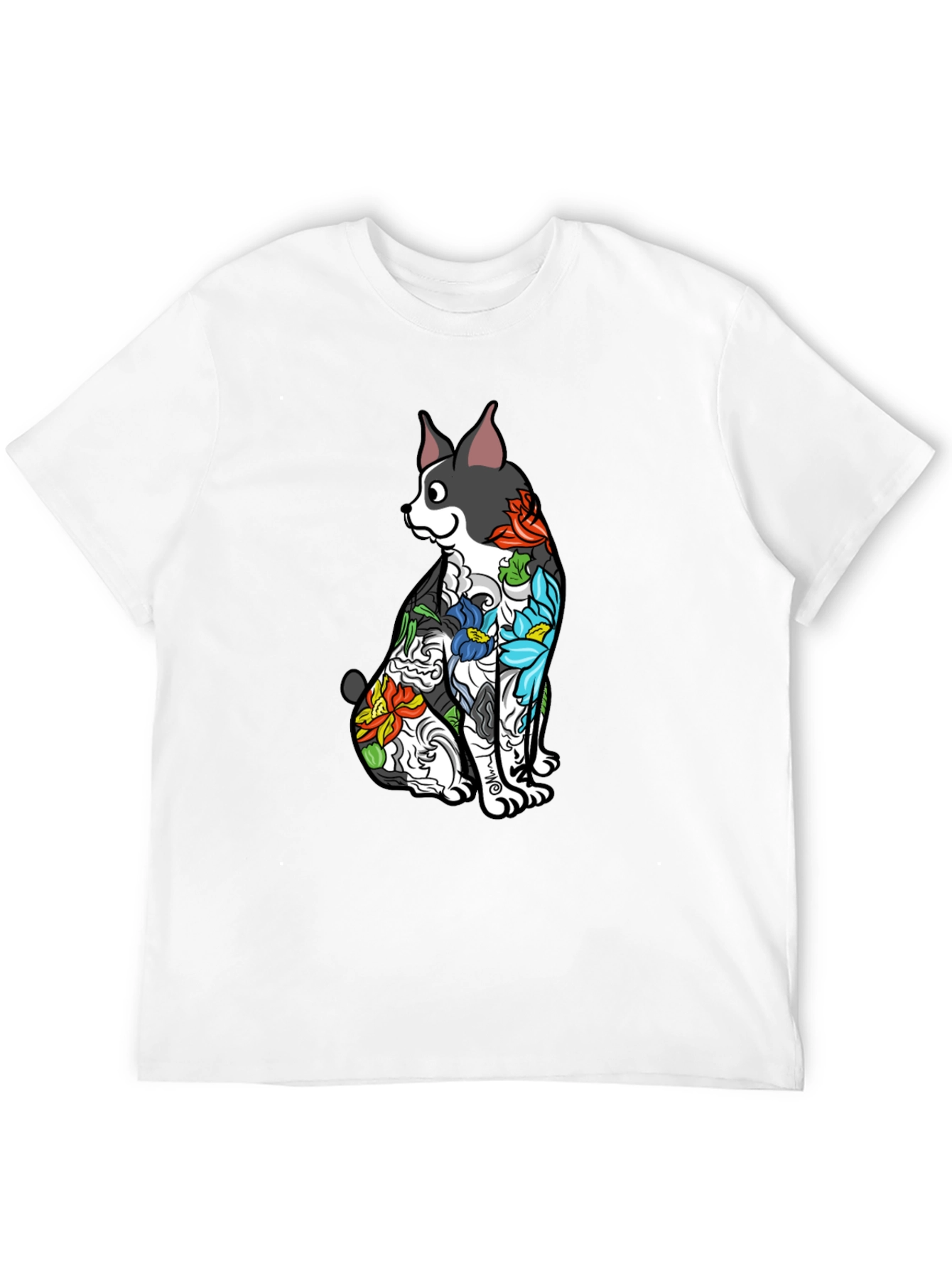 Dog Floral Tattoo Print Black T-Shirt