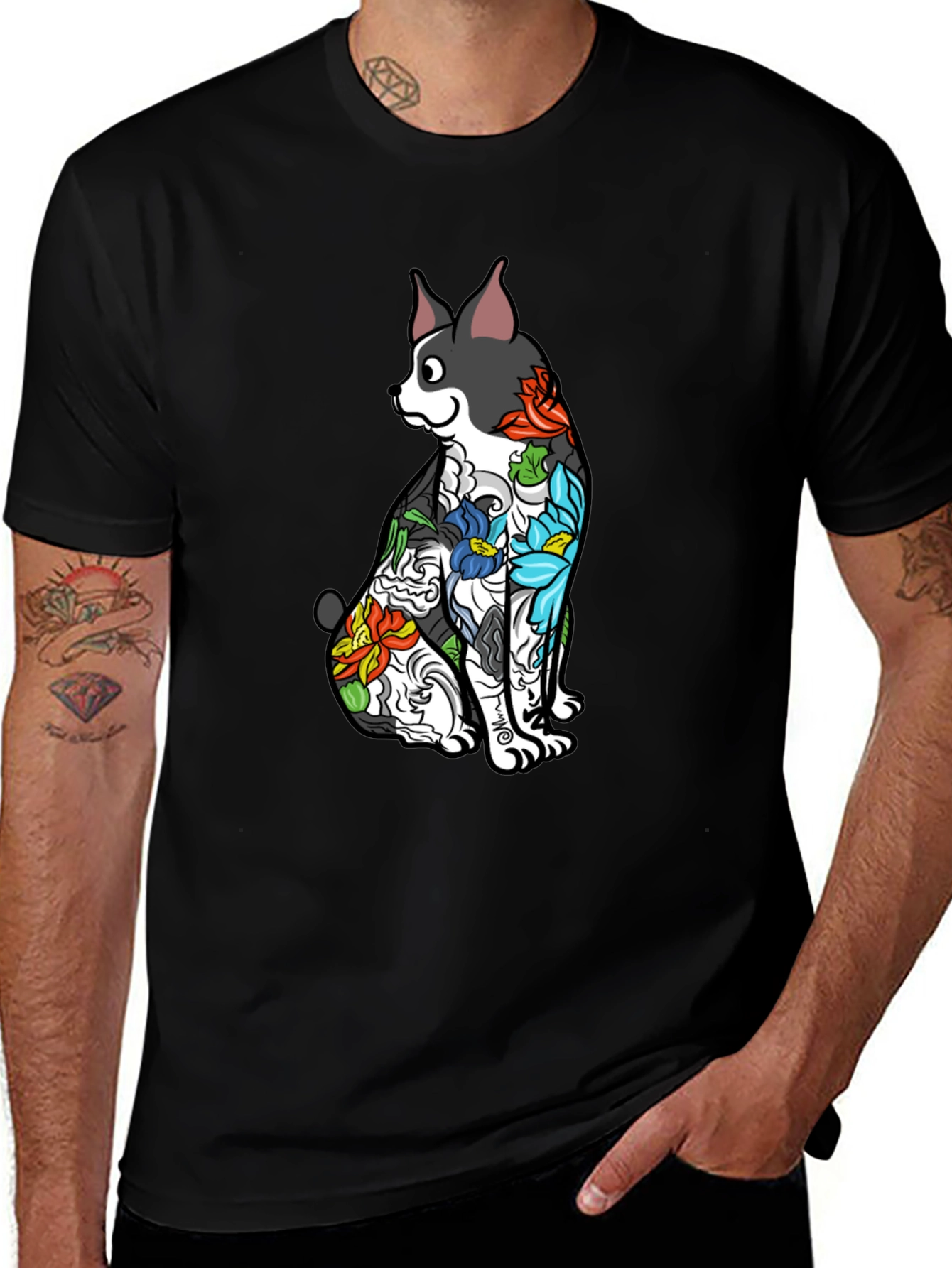 Dog Floral Tattoo Print Black T-Shirt