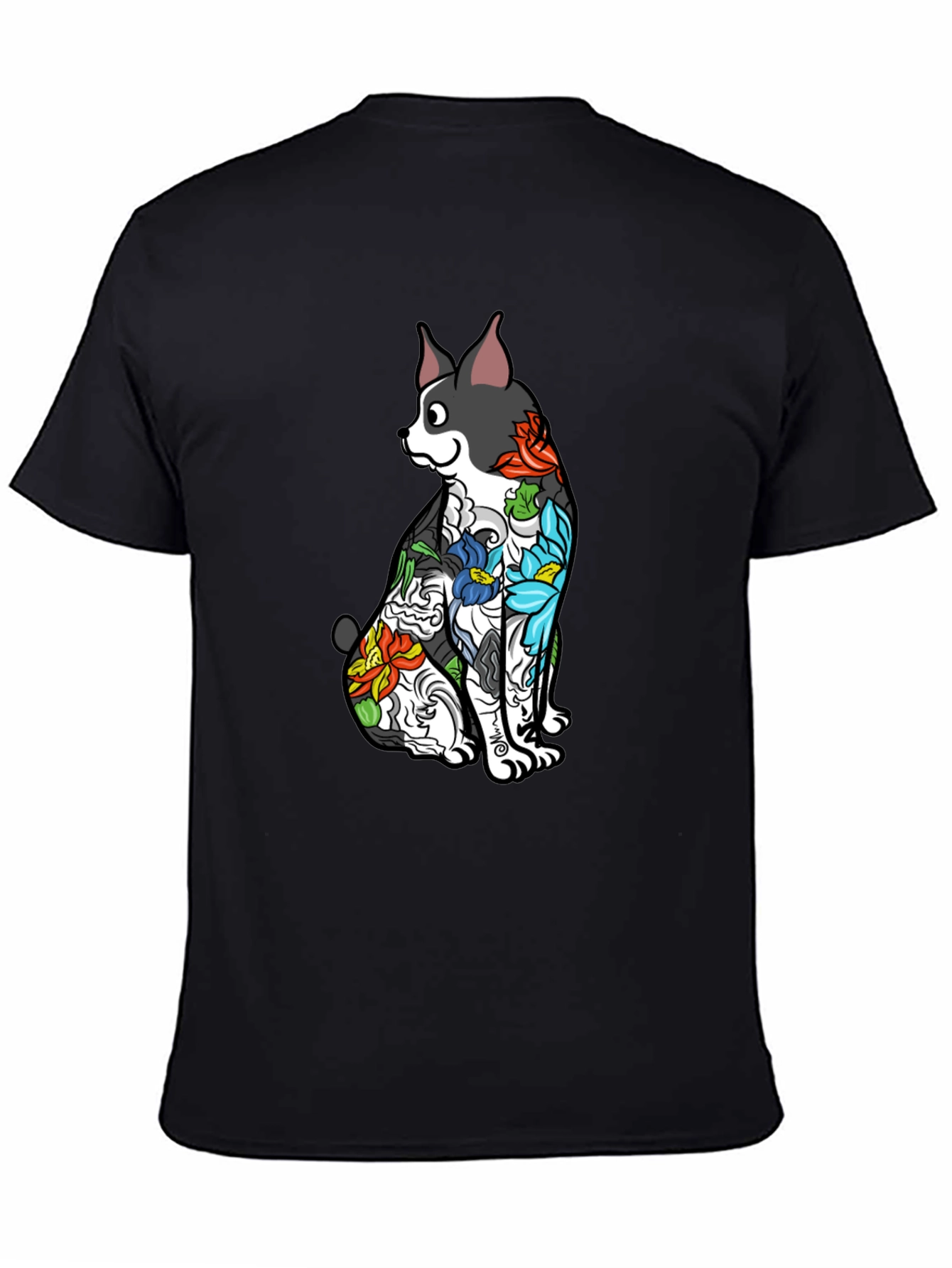 Dog Floral Tattoo Print Black T-Shirt