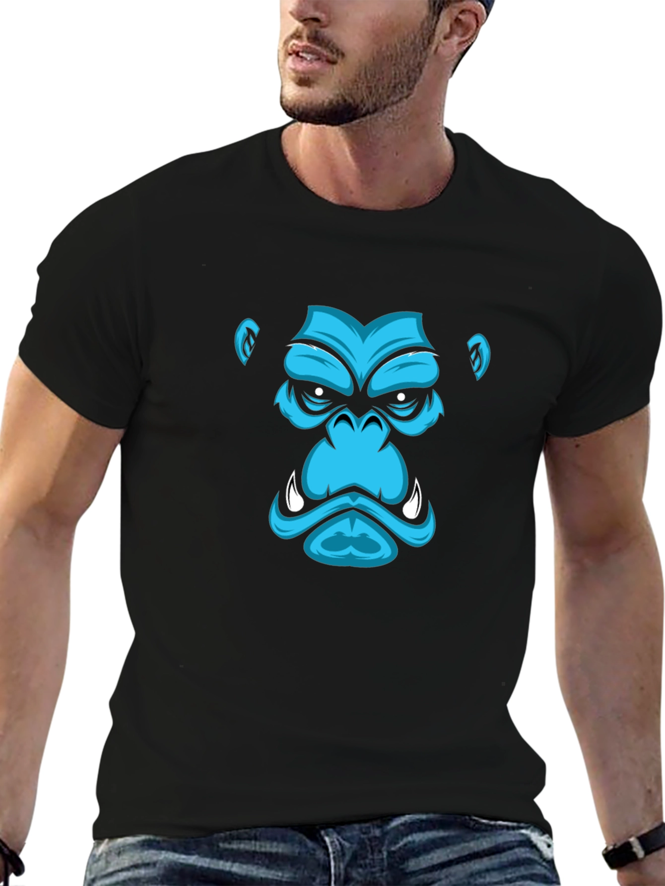 Blue Gorilla Graphic Print Black T-Shirt