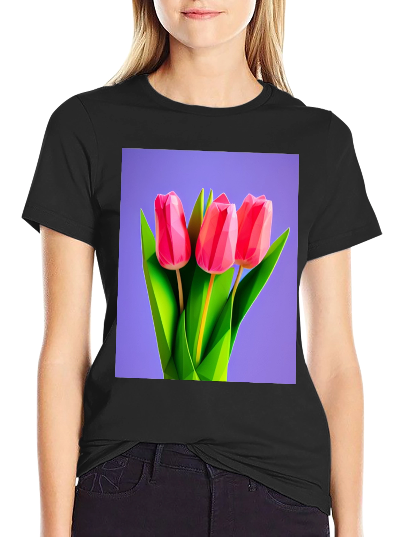 Geometric Tulip Print Black T-Shirt