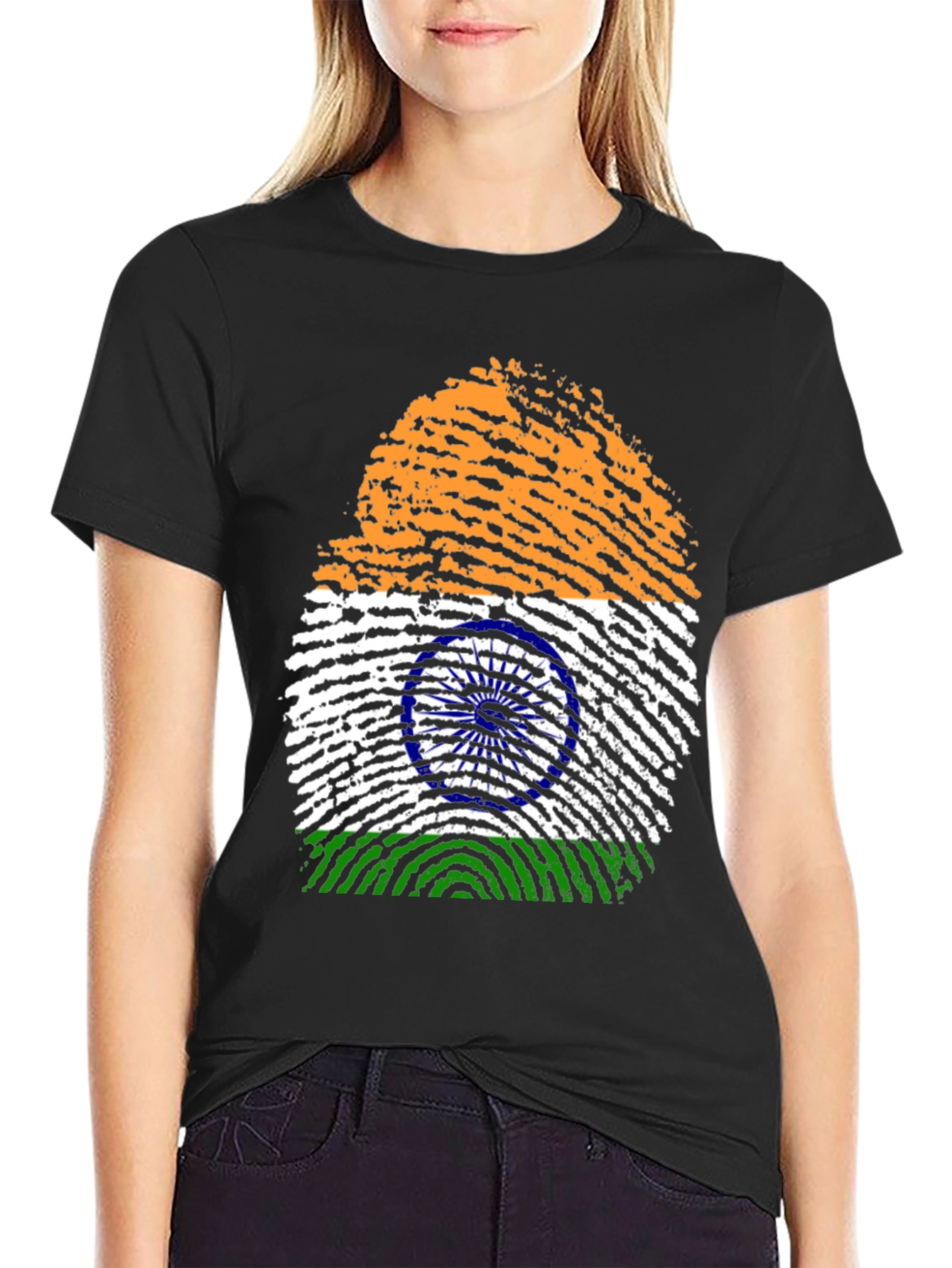 India Flag Fingerprint Graphic Tee - Black Cotton Shirt