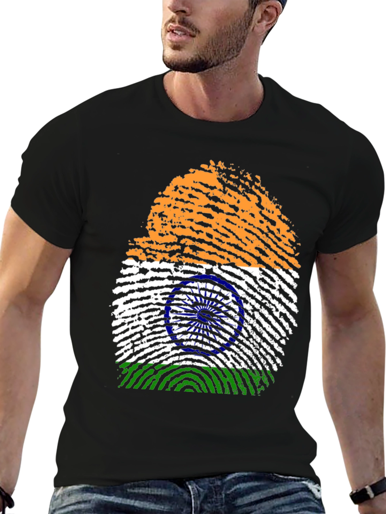 India Flag Fingerprint Graphic Tee - Black Cotton Shirt