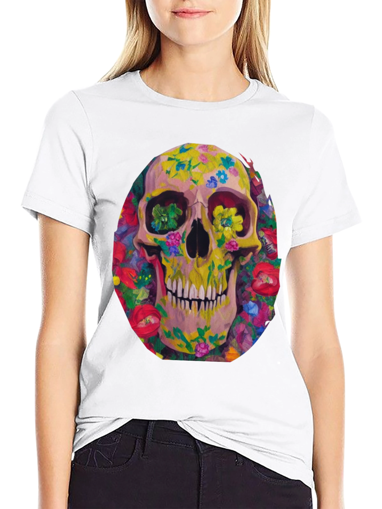 Floral Skull Graphic Tee - Artistic Print