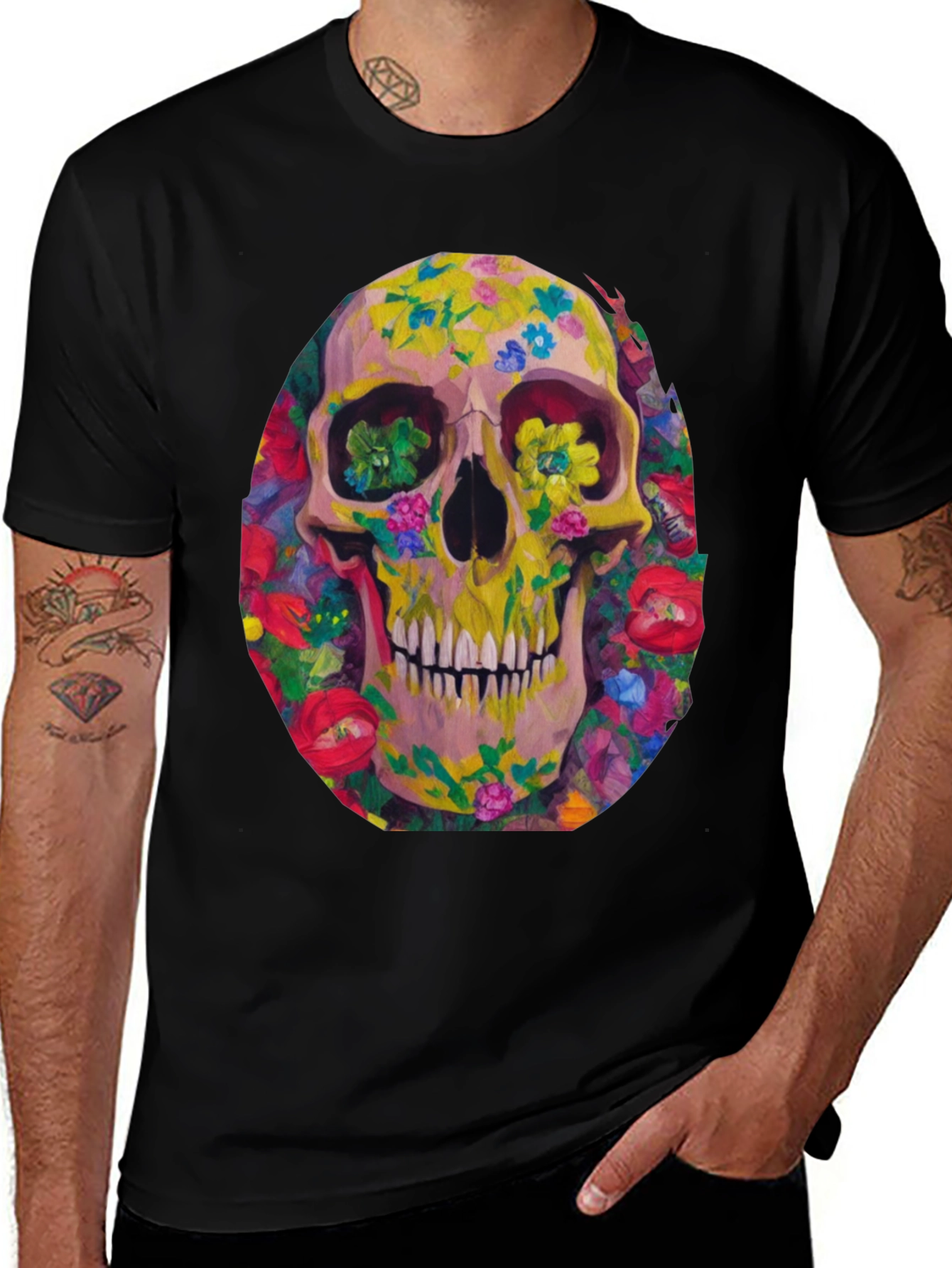 Floral Skull Graphic Tee - Artistic Print