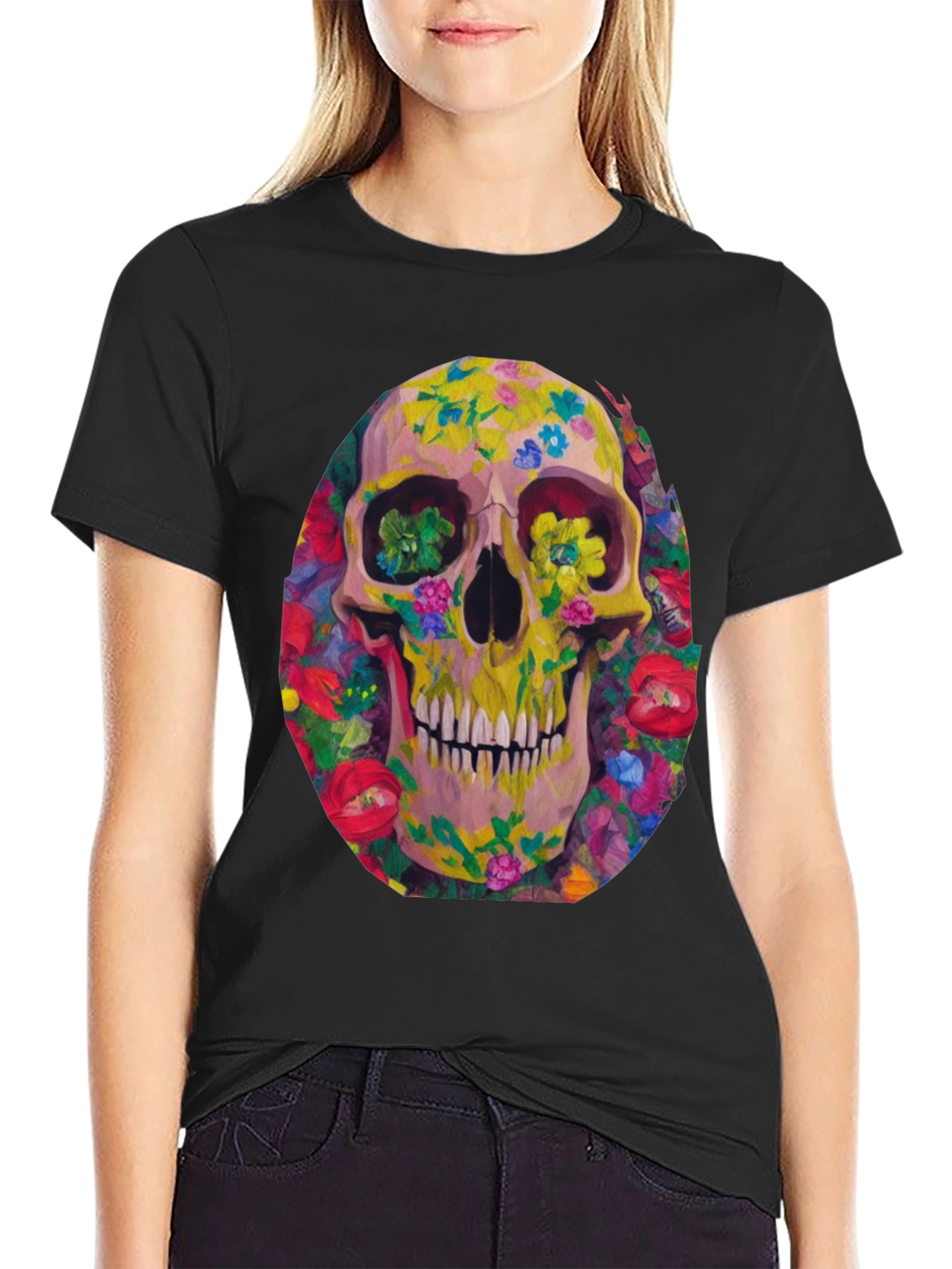 Floral Skull Graphic Tee - Artistic Print