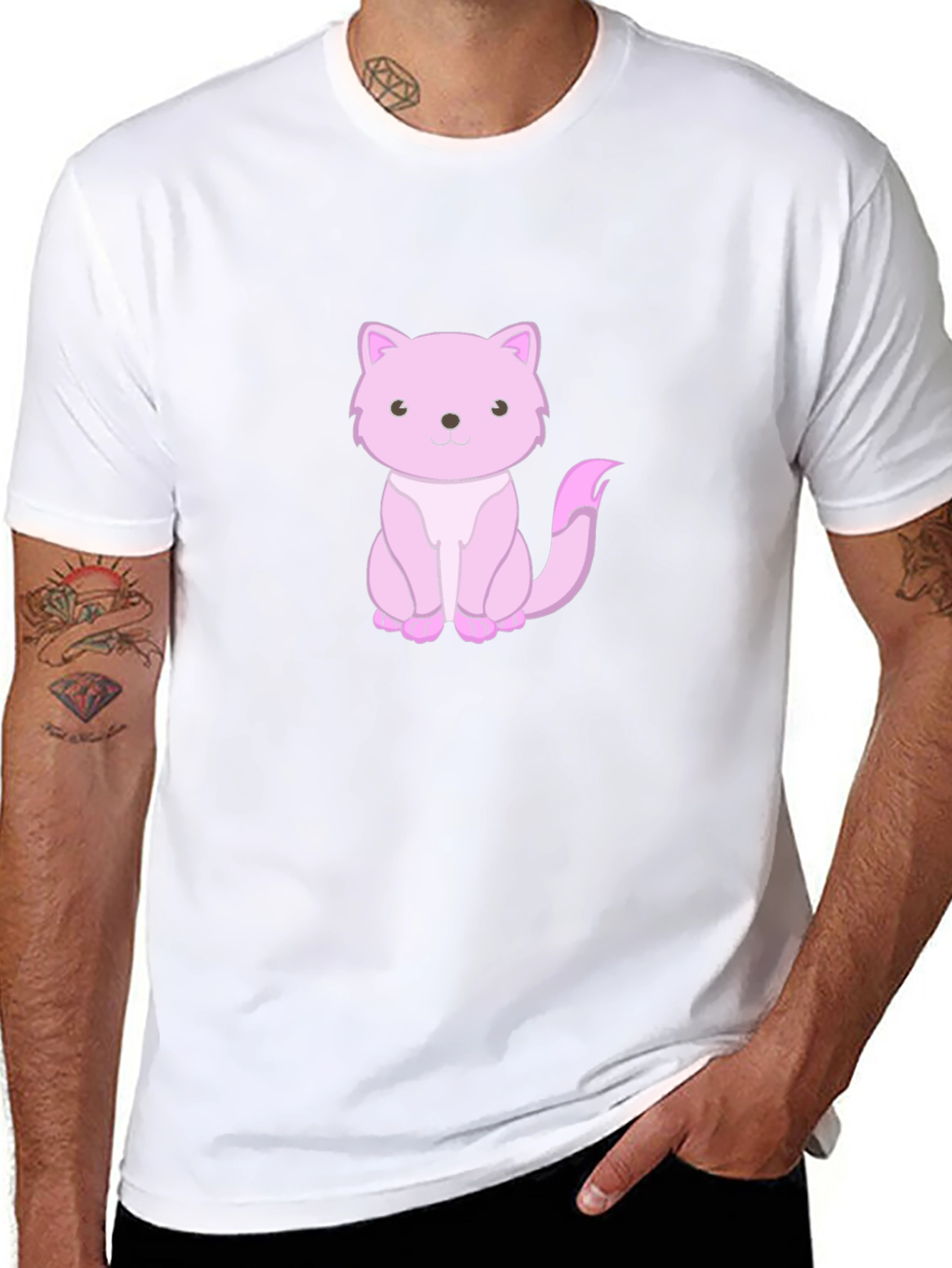 Cute Pink Cat Graphic Tee - Black Cotton Shirt