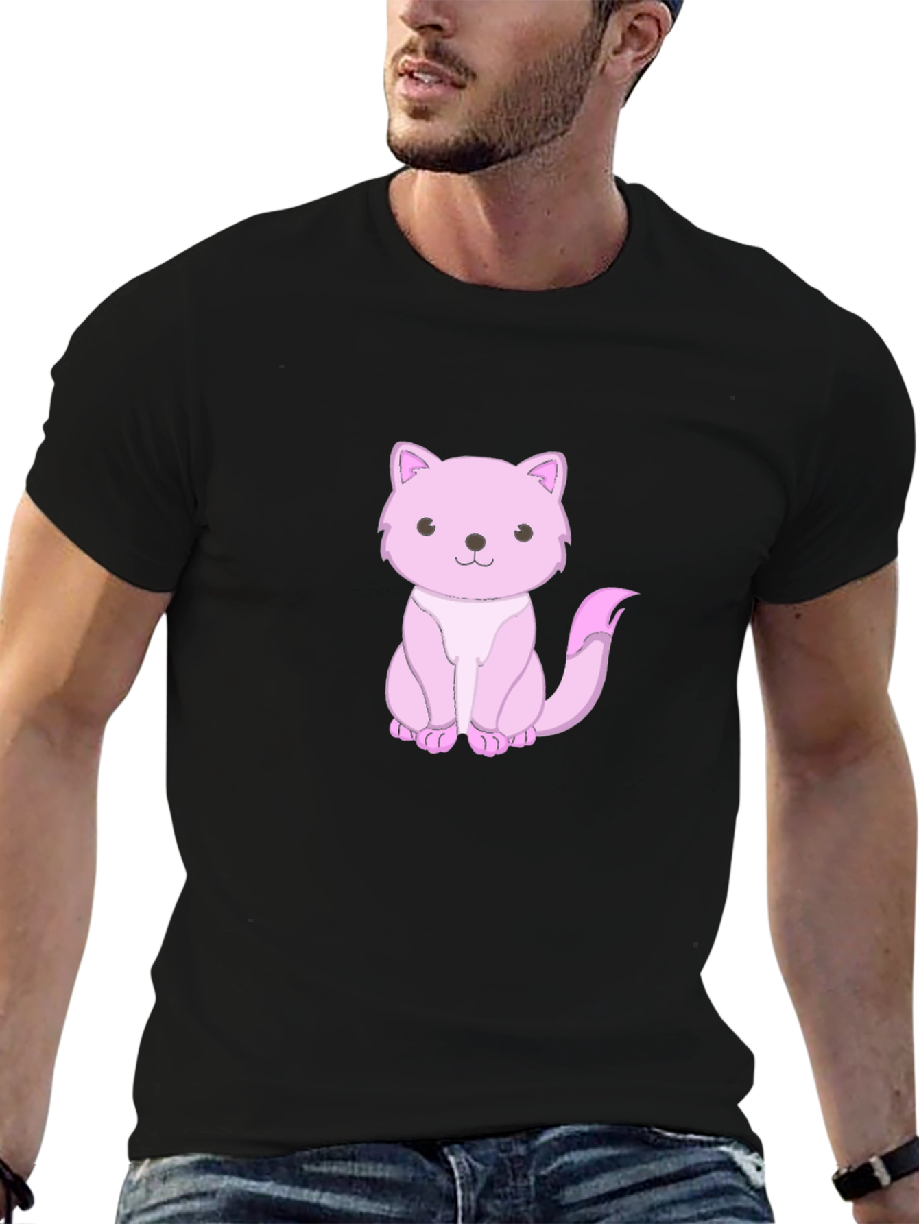 Cute Pink Cat Graphic Tee - Black Cotton Shirt