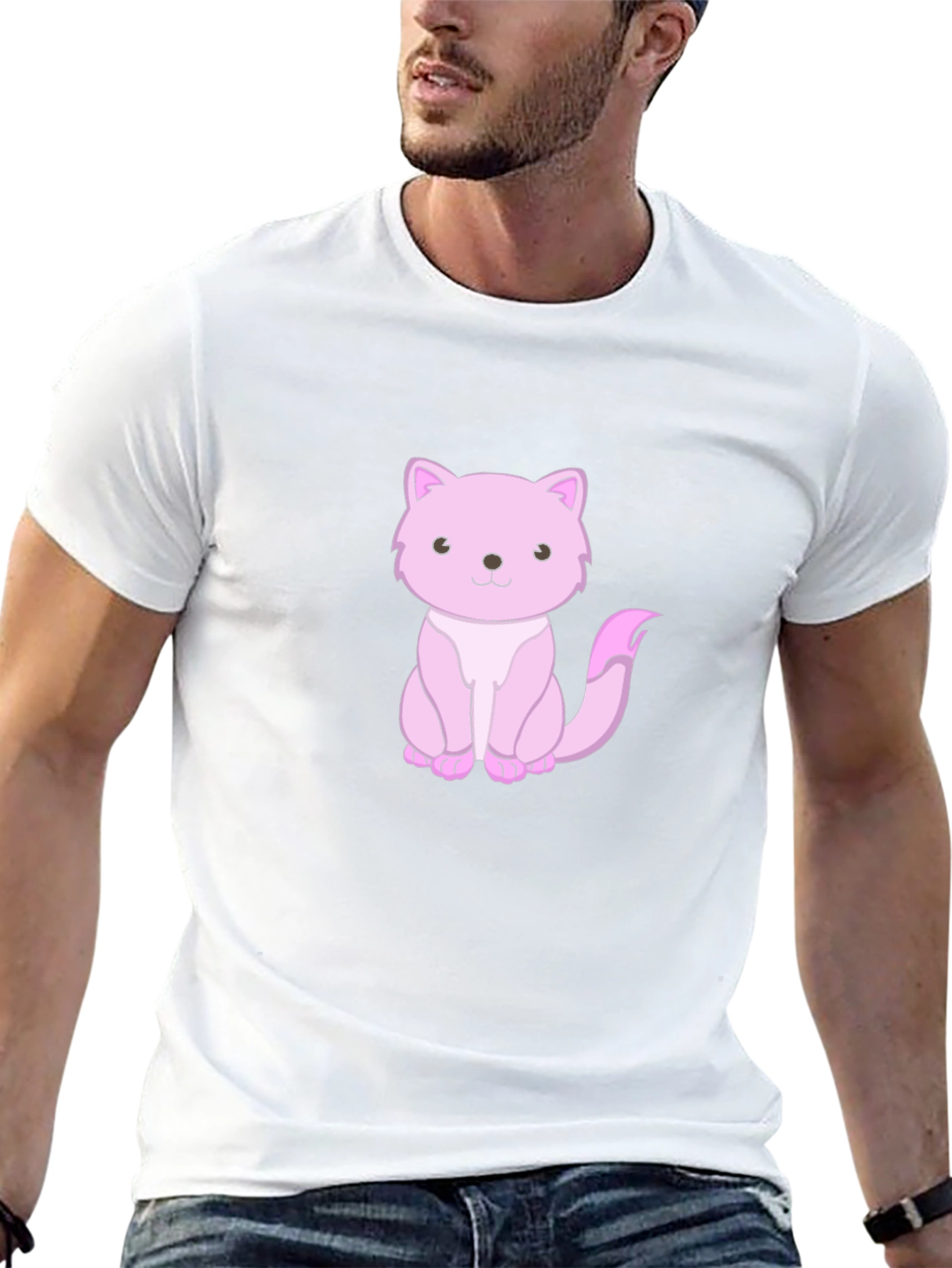Cute Pink Cat Graphic Tee - Black Cotton Shirt