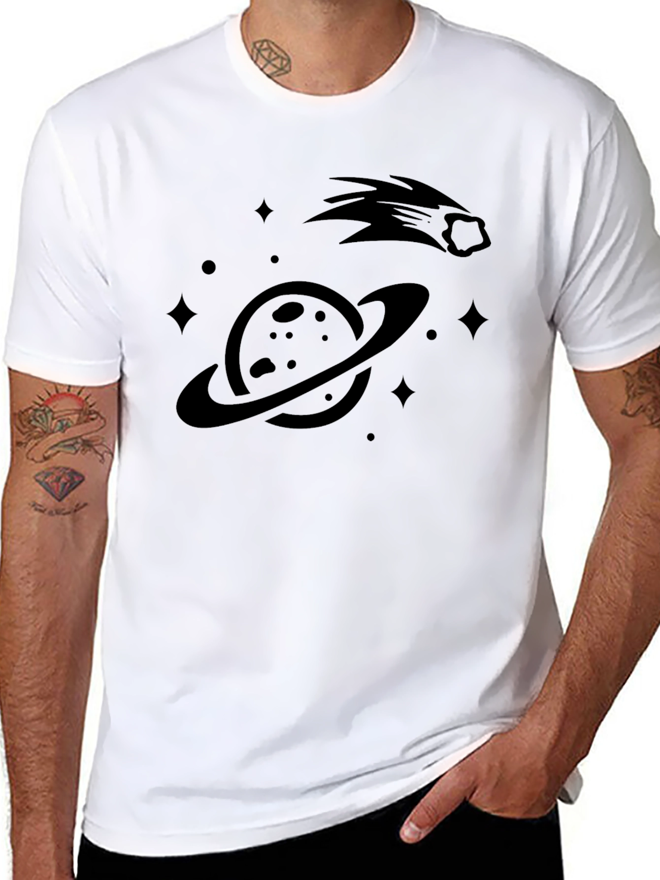 Cosmic Black Tee - Meteor & Planet Design