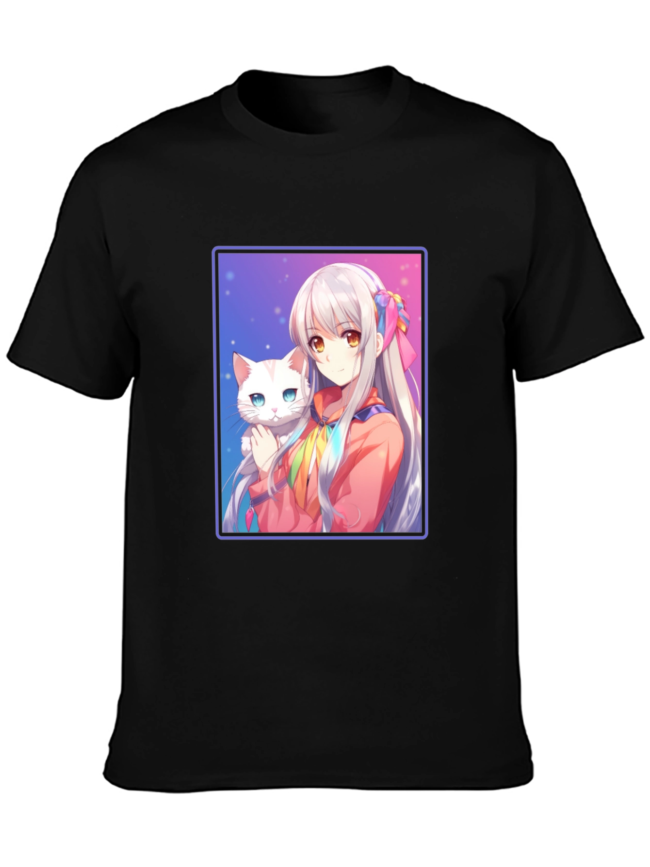 Anime Girl with Cat Graphic T-Shirt