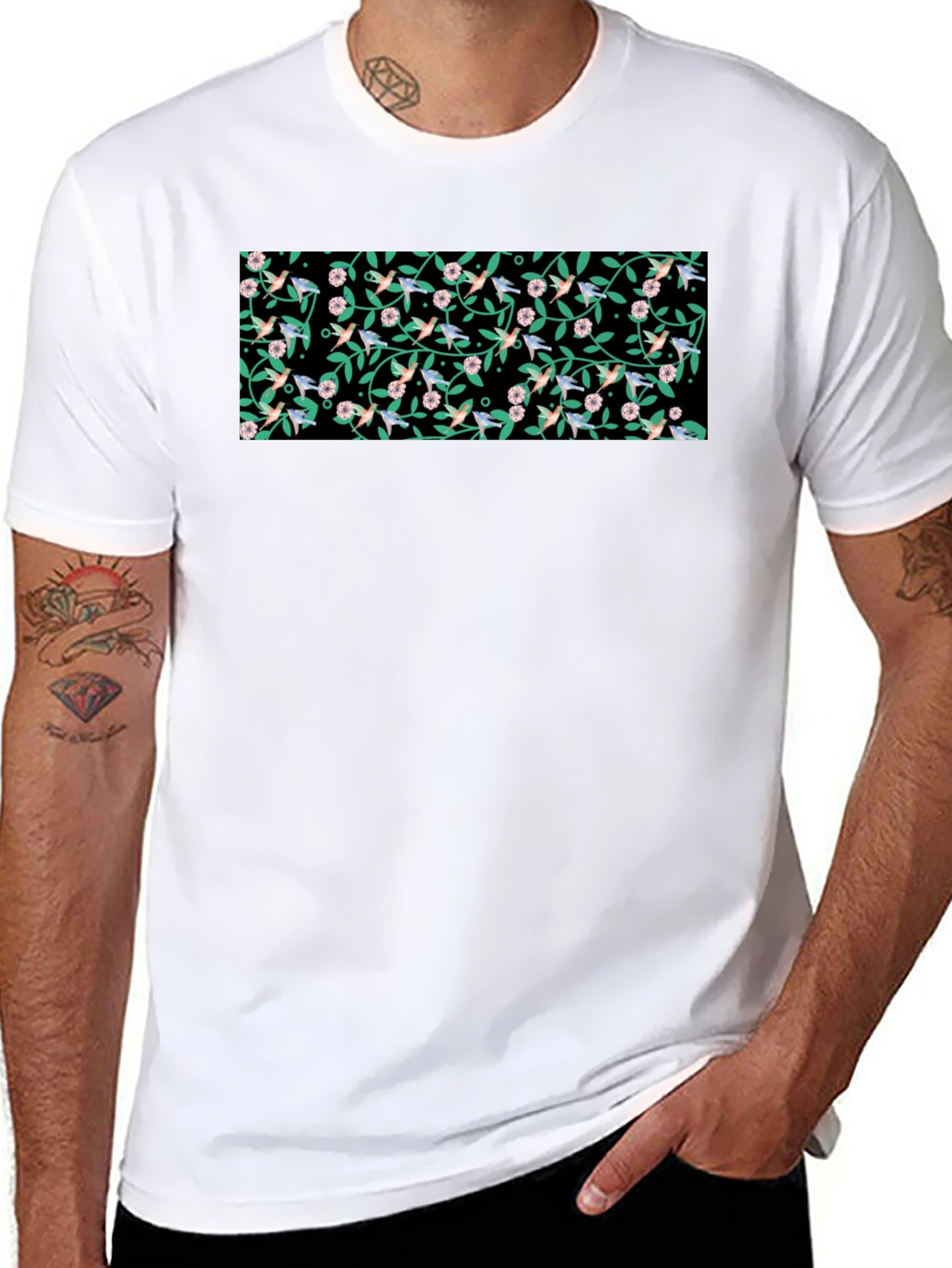 Hummingbird & Floral Print Black T-Shirt