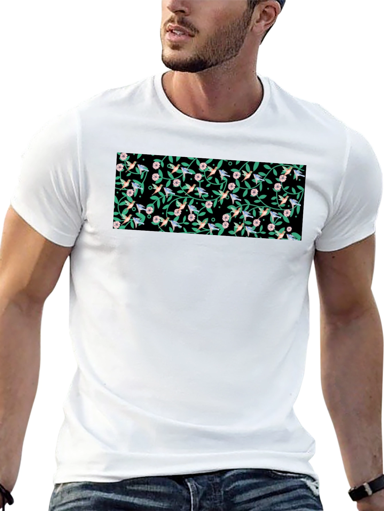 Hummingbird & Floral Print Black T-Shirt
