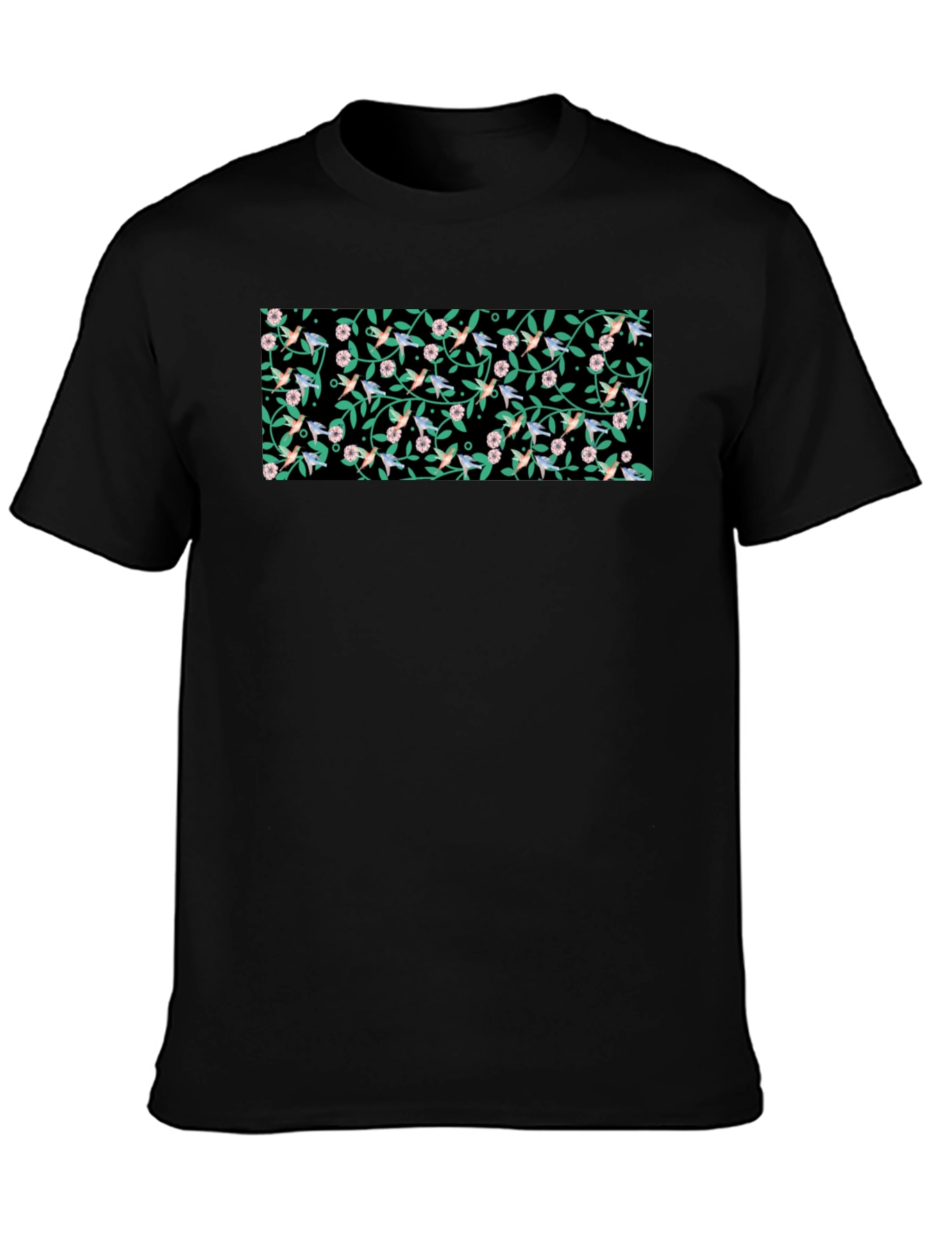 Hummingbird & Floral Print Black T-Shirt