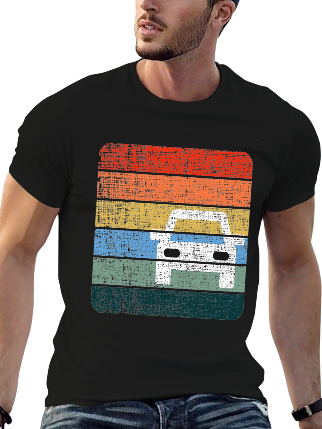 Retro Car Graphic Tee - Distressed Stripe Design