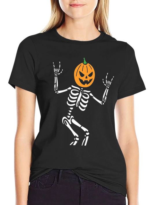 Skeleton Pumpkin Head Graphic Tee - Halloween Rock On T-Shirt