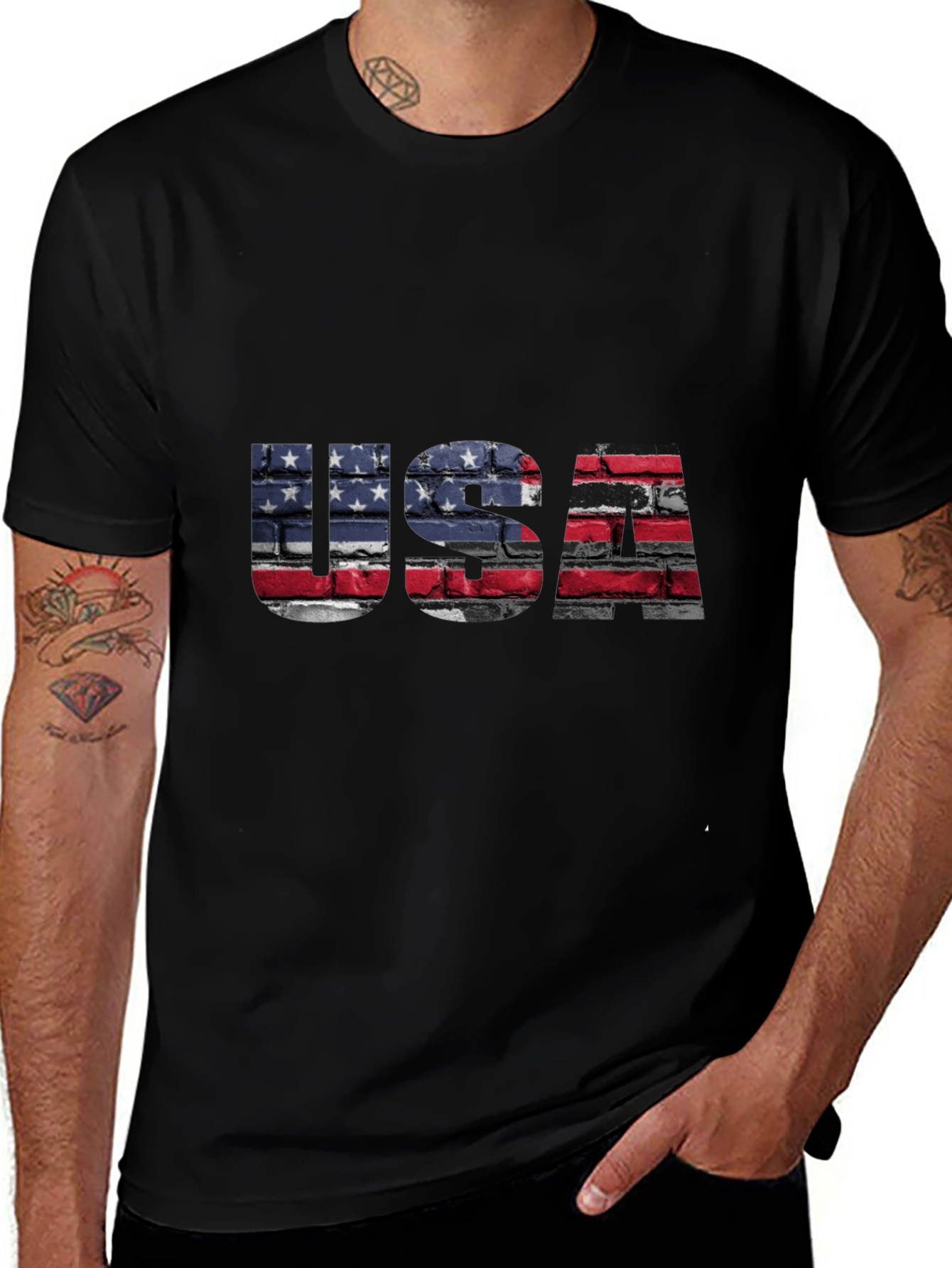 USA Flag Brick Wall Graphic Tee - Patriotic Style