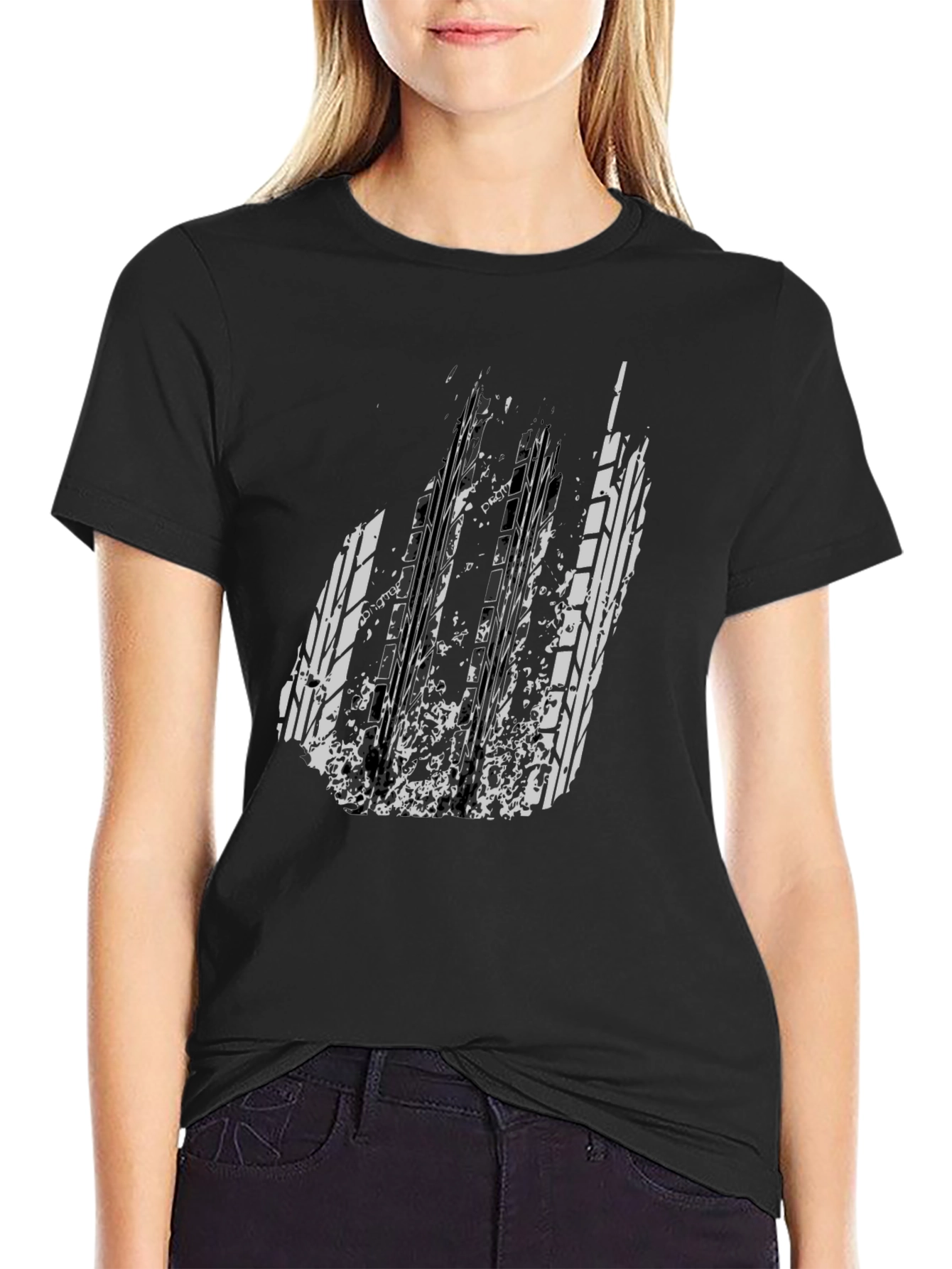 Distressed Tire Track Graphic Tee - Black
