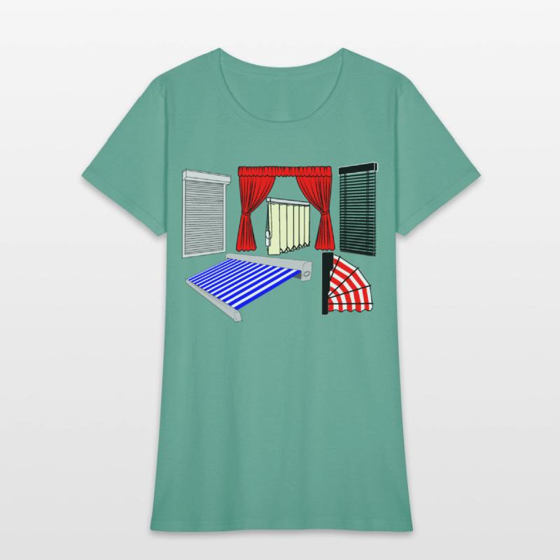 Blinds curtains red, canopies blue white striped,