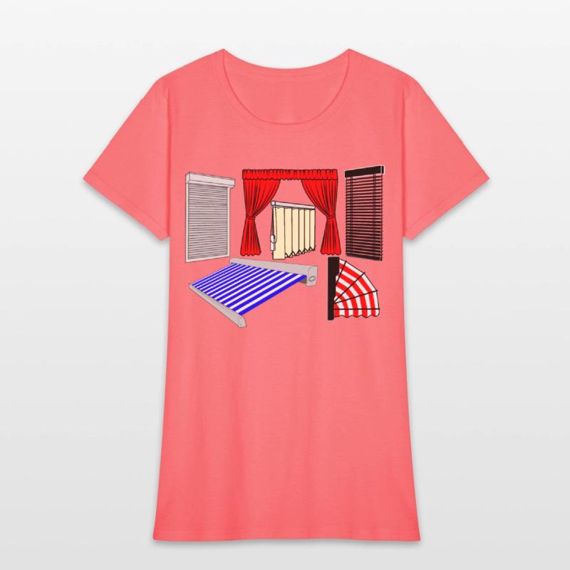 Blinds curtains red, canopies blue white striped,