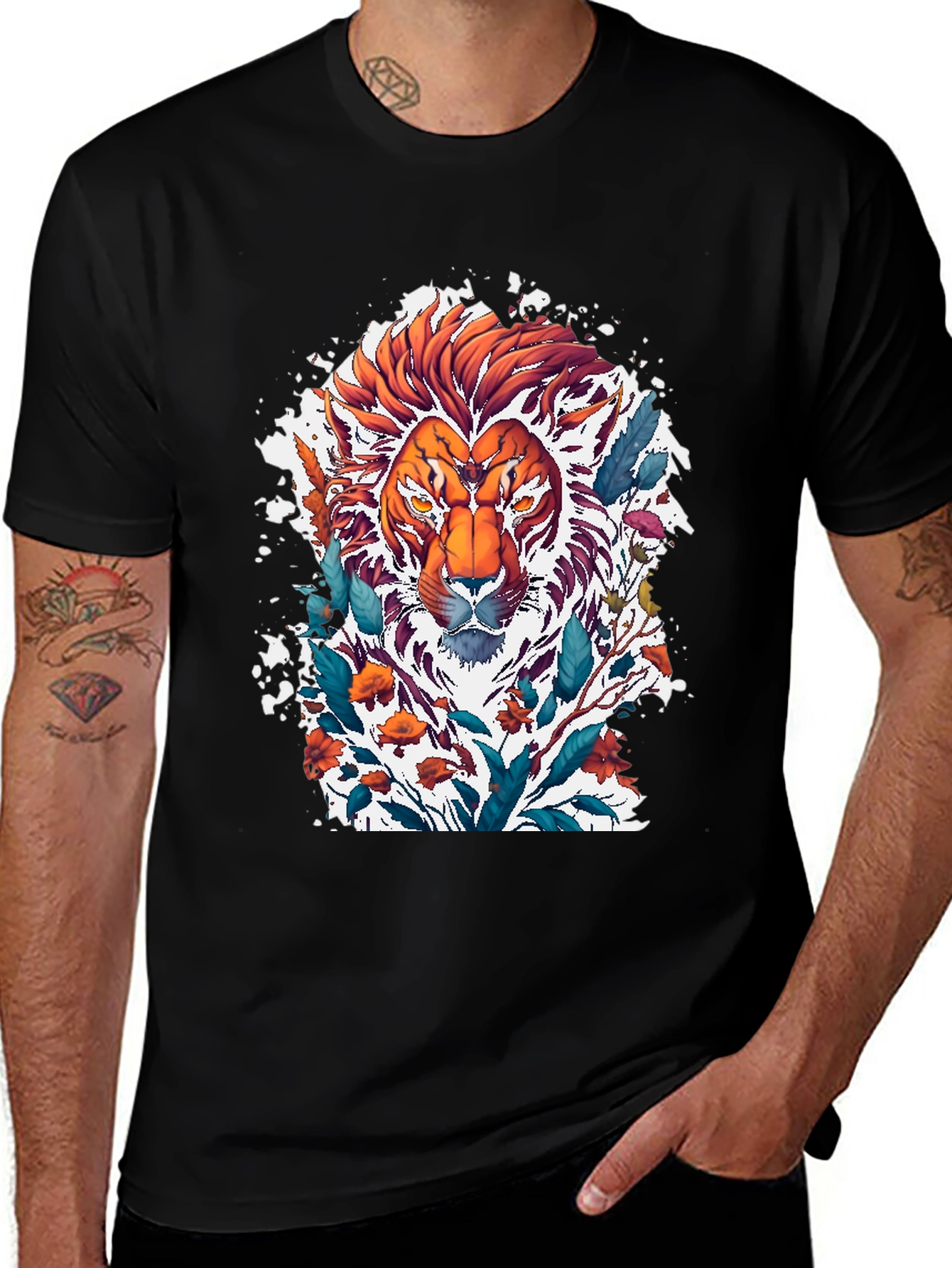 Lion Floral Graphic Tee - Artistic Mens T-Shirt
