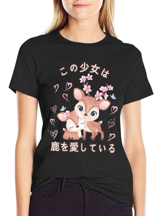 Cute Deer Japanese Style Black T-shirt