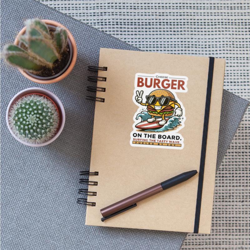 Cheeseburger on board surfing the tasty waves