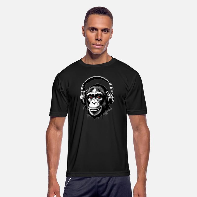 Chimpanzee wearing a headphones