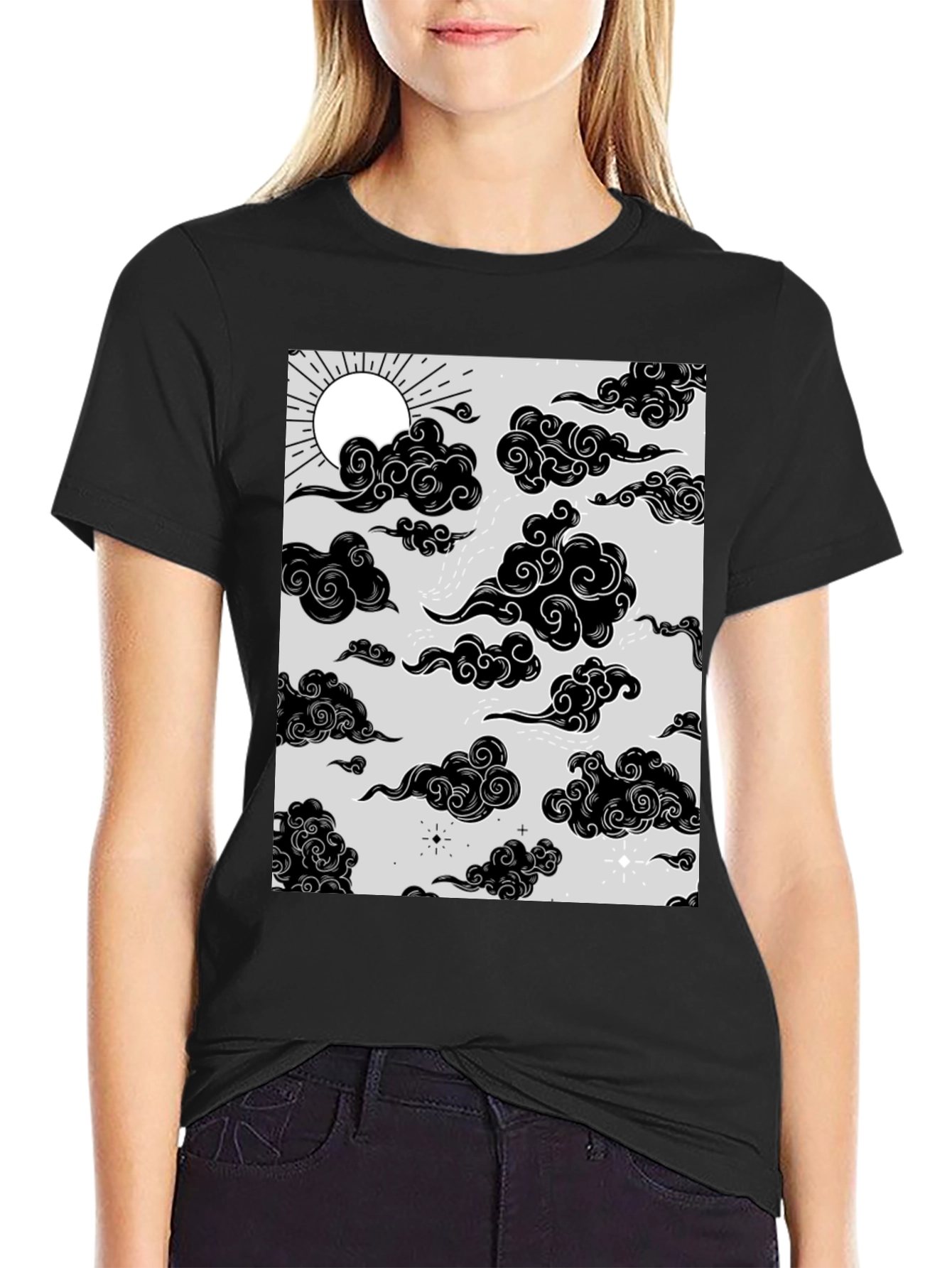 Graphic Print T-Shirt with Sun and Cloud Design