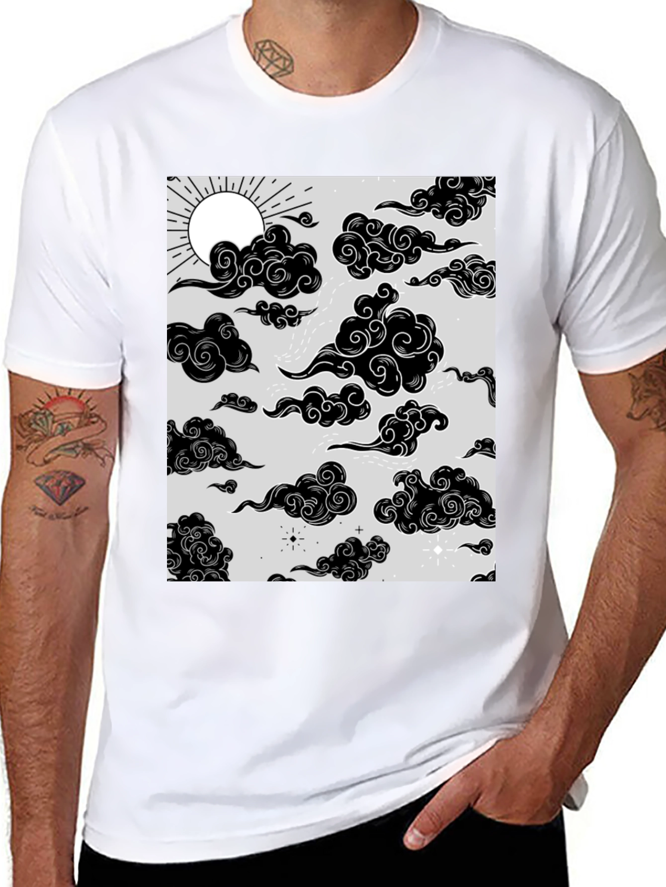 Graphic Print T-Shirt with Sun and Cloud Design