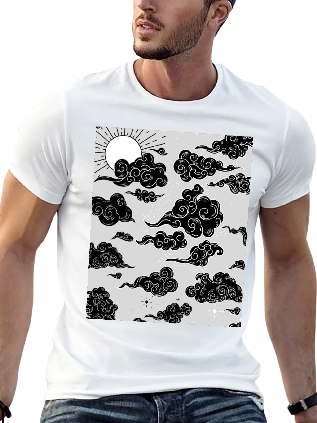 Graphic Print T-Shirt with Sun and Cloud Design