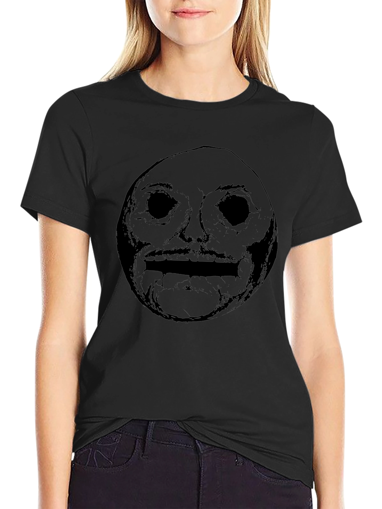 Mens Black Graphic Tee - Creepy Face Design